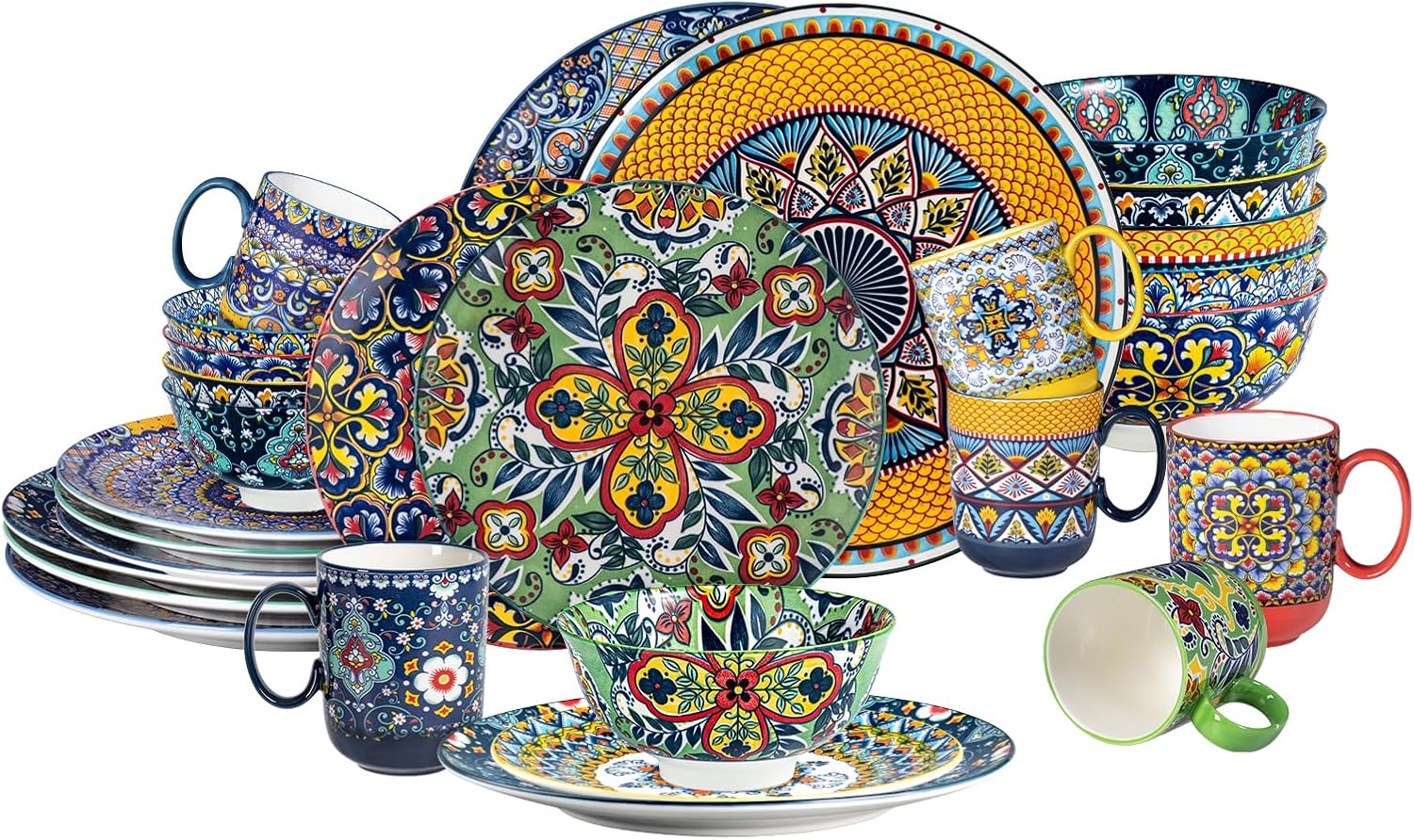 30-Piece Boho Ceramic Dinnerware Set for 6 – 6×14oz Mugs, 6×10.5″ Dinner Plates, 6×8.5″ Salad Plates, 6×24oz Bowls, 6×10oz Dessert Bowls – Hand-Painted, Microwave/Dishwasher Safe