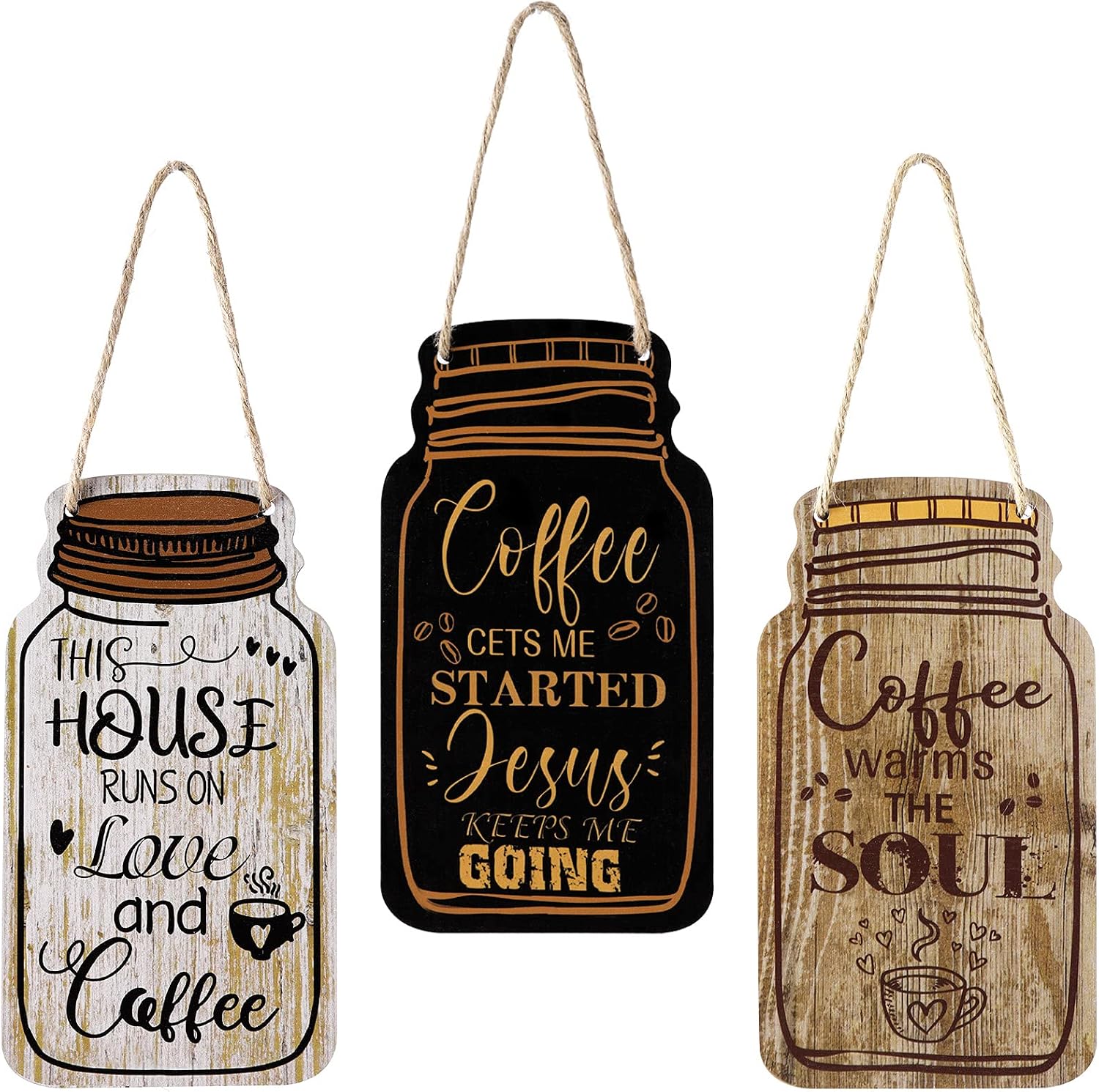 Jetec 3 Pcs Coffee Bar Decor Sign Mason Jar Wall Hanging Plaque Farmhouse Kitchen Decor Wooden Coffee Sign for Kitchen Home Living Room Wall Decorations(Simple Style)