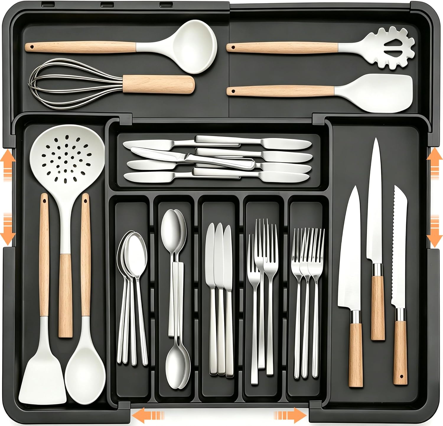 Spaclear Silverware Organizer Expandable Kitchen Utensil Drawer Organizer Large BPA Free Adjustable Cutlery Silverware Tray for Spoons Forks Knives Storage Divider for Kitchen Flatware 6-9 Slots Black