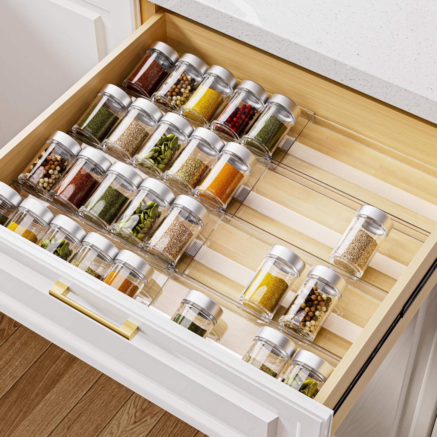 MIUKAA Acrylic Spice Drawer Organizer, 4 Tier – 8 Pack Seasoning Organizer for Drawer, Expandable From 13″ to 26″ Kitchen Drawer Spice Rack with Slip-Proof Mat (Jars not Included)