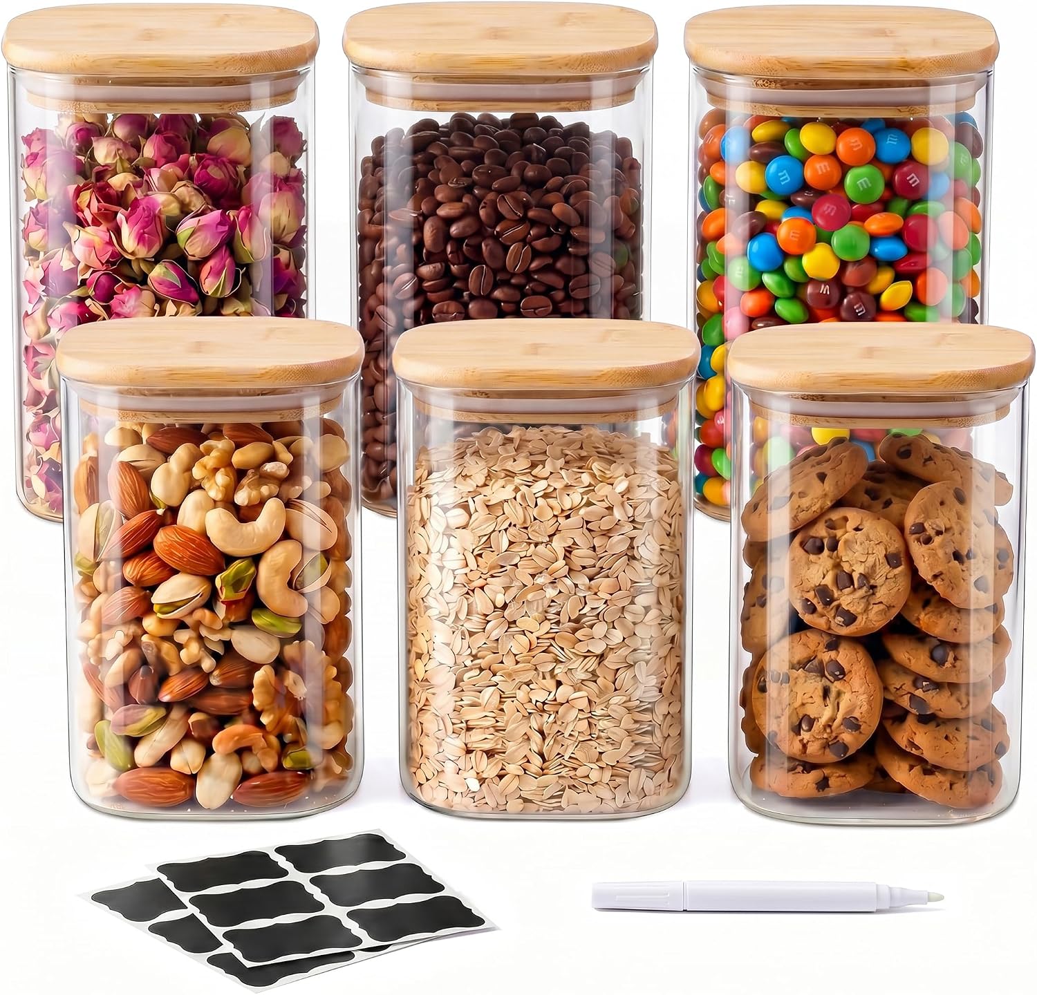 SENTVEND 37 Oz Glass Storage Jars with Bamboo Lids – 6 Pack Clear Glass Canisters Square Airtight Stackable Ideal for Pantry Storage Containers Organizers Great for Storing Oats Coffee Beans Nuts etc