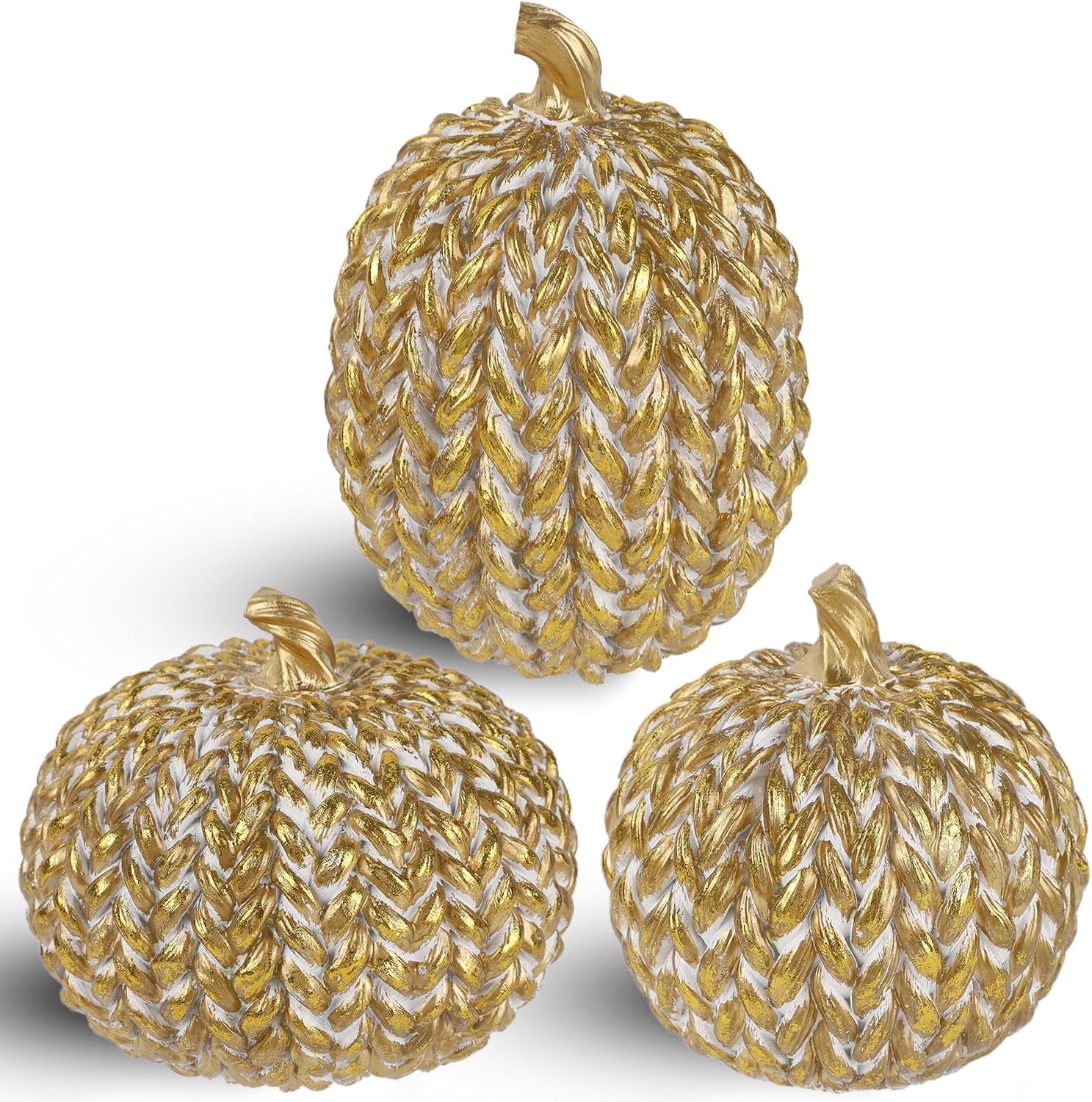 winemana Fall Decorations for Home Set of 3, Gold & White Resin Pumpkin Decor with Woven Design – Thanksgiving Table Centerpiece, Mantel, Indoor & Outdoor Farmhouse Autumn Décor