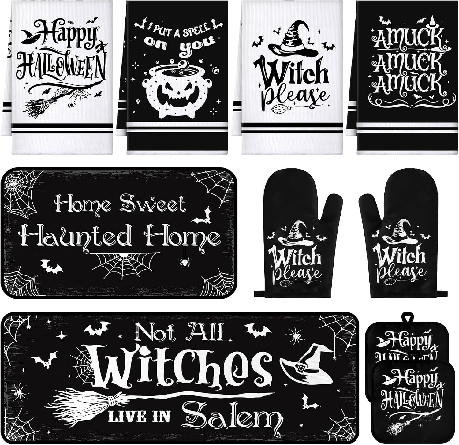 Fanfanwin 10 Pcs Halloween Kitchen Decor Set Witch Kitchen Towels and Rugs Pot Holders Oven Mitts Set for Home Cooking Dish Baking Decorative