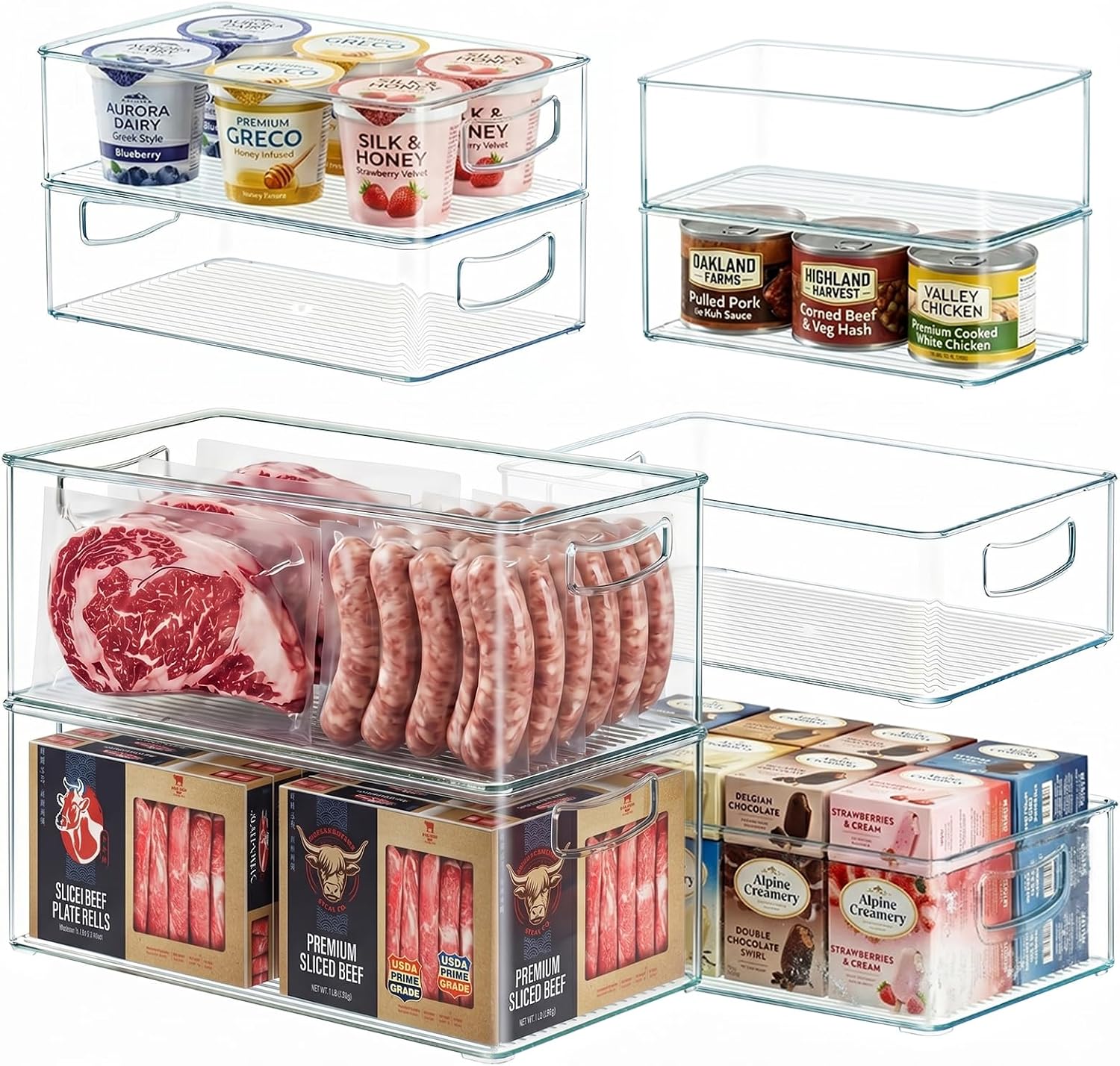 Heyuzb 8 PACK Freezer Organizer Bins Fridge Organizers and Storage Stackable Refrigerator Organizers Bins with Side Handles Clear Storage Bins for Pantry, Under Sink, Kitchen Cabinet