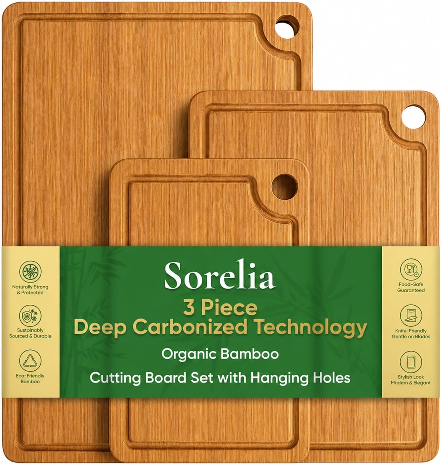 3-Piece Carbonized Bamboo Cutting Board Set with Hanging Holes, 15”, 12” & 9” – Thick Reversible Boards with Juice Groove & Easy-Grip Handles