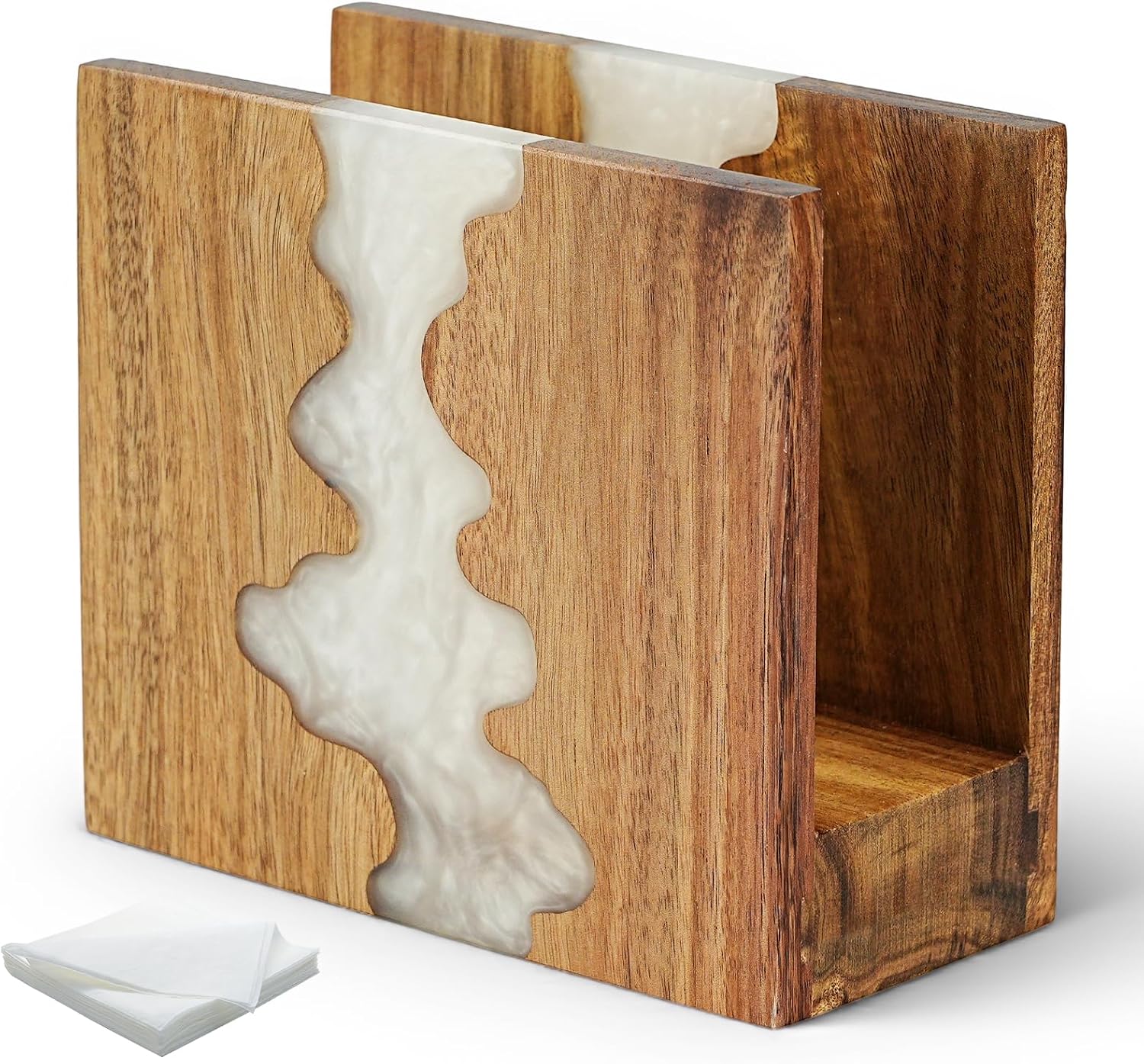Acacia Wood Napkin Holder for table, Handmade Epoxy Resin Tissue Box Holder with Unique Wave Design & 3CM Sturdy Base for Kitchen Table, Dining Room Decor,counter tops or outdoors