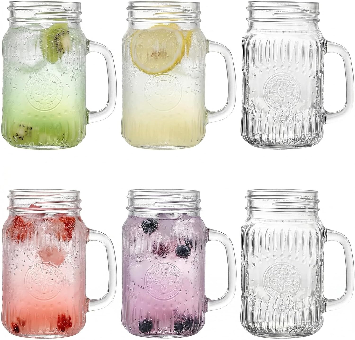 SUT Mason Jar Drinking Glasses with Handle, 6 Pack, 16 Oz Vintage Embossed Mason Jar Cups for Iced Coffee, Juice, Tea and Beer