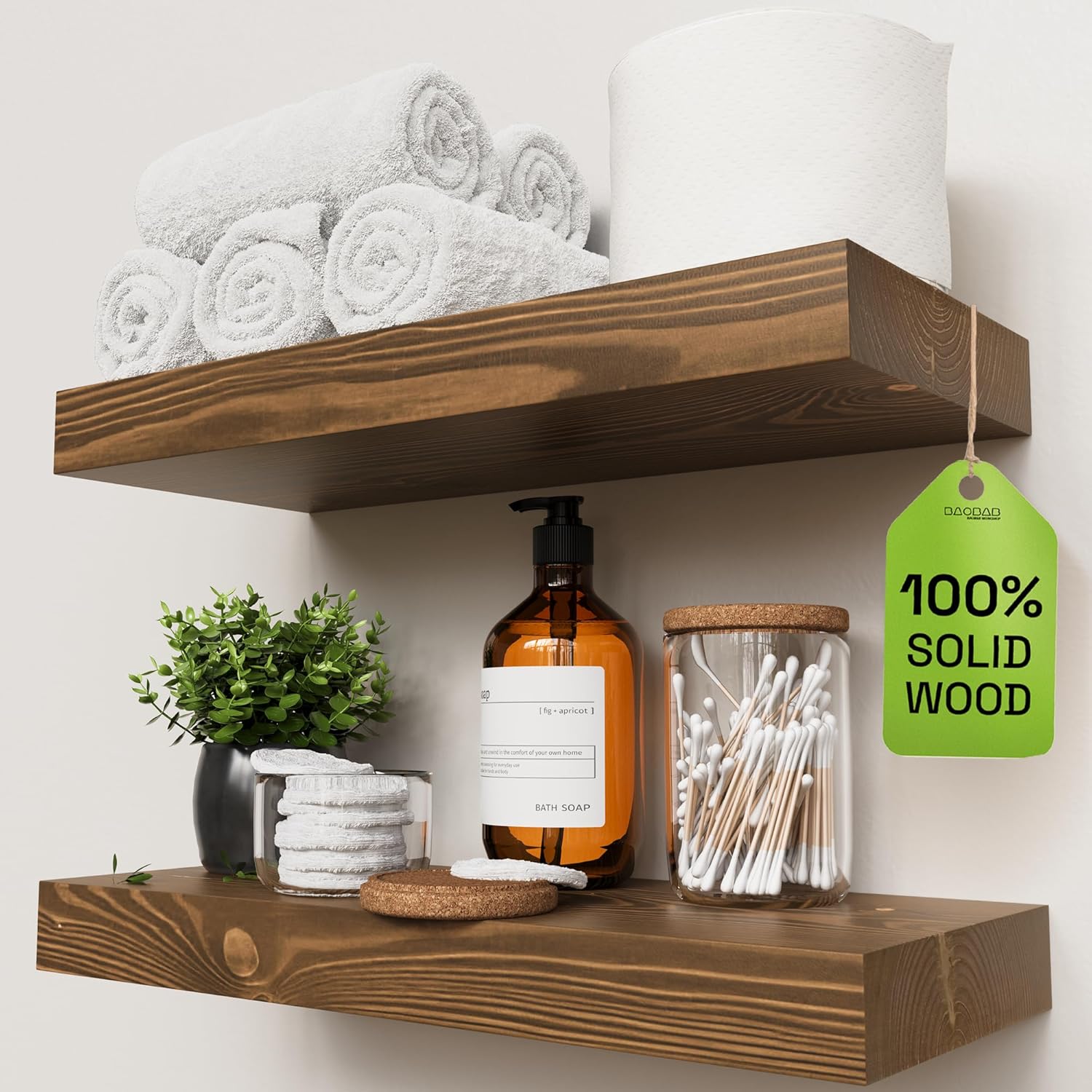 Solid Wood Floating Shelves for Wall 16 Inch Walnut, Wooden Bathroom Shelf | Real Wood, Wall Mounted, Rustic Farmhouse, Bedroom Kitchen Living Room, Walnut Finish, 16W x 6,7D, Set of 2