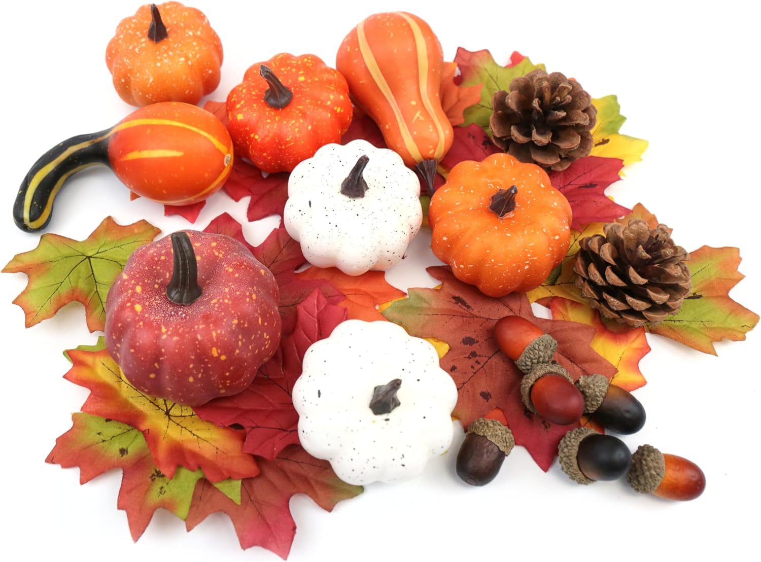 36PCS Mini Artificial Pumpkins Fall Decor Set – Realistic Small Fake Pumpkins for Decorating with Gourd Fall Leaves Acorns Pinecones for Autumn Table Centerpiece, Thanksgiving Harvest Home Decorations