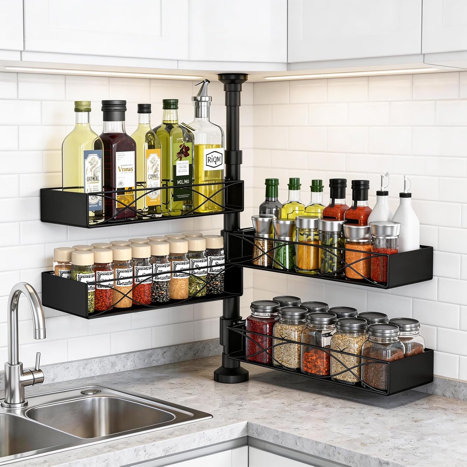 Mixoo Spice Rack Organizer Tension Pole, 4-Tier Adjustable Spice/Seasoning Organizer for Kitchen Countertop, Space-Saving Spice Storage Corner Shelf for Kitchen, Coffee Area, 16.5-23.6 Inch, No Drill
