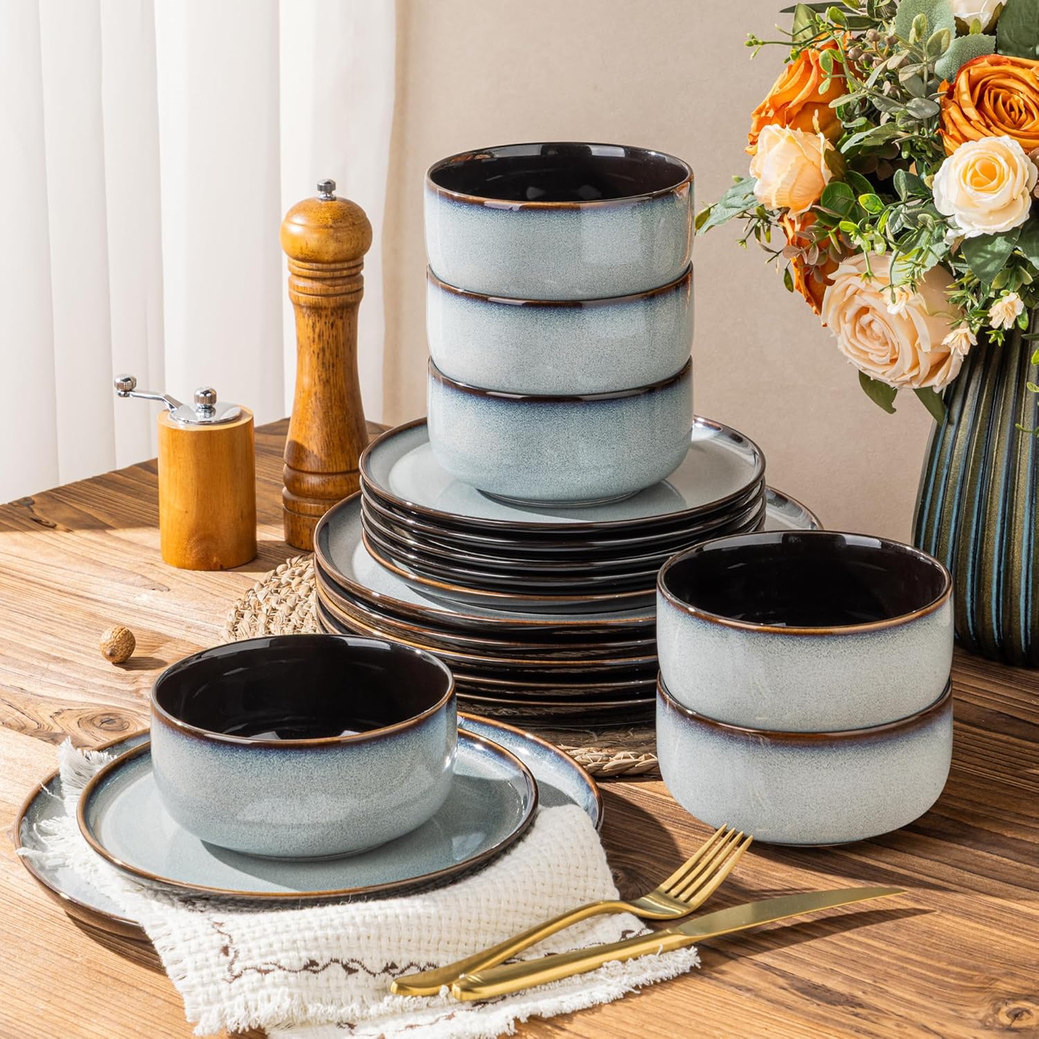 LeRatio Ceramic Dinnerware Sets for 6,Porcelain Plates and Bowls Sets,Handmade Reactive Glaze Dishes Set,Chip Resistant and Scratch Resistant | Oven&Dishwasher & Microwave Safe-Gray White(18PCS)