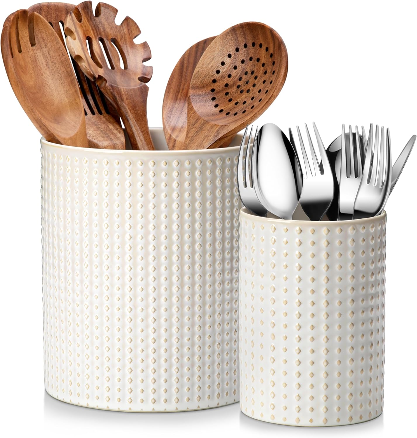 MALACASA LYDIA Ceramic Utensil Holders, 7.3″+5.5″ Kitchen Utensil Crock Set for Countertop, Large & Small Utensil Organizers for Cooking Tools, Rhombus Pattern