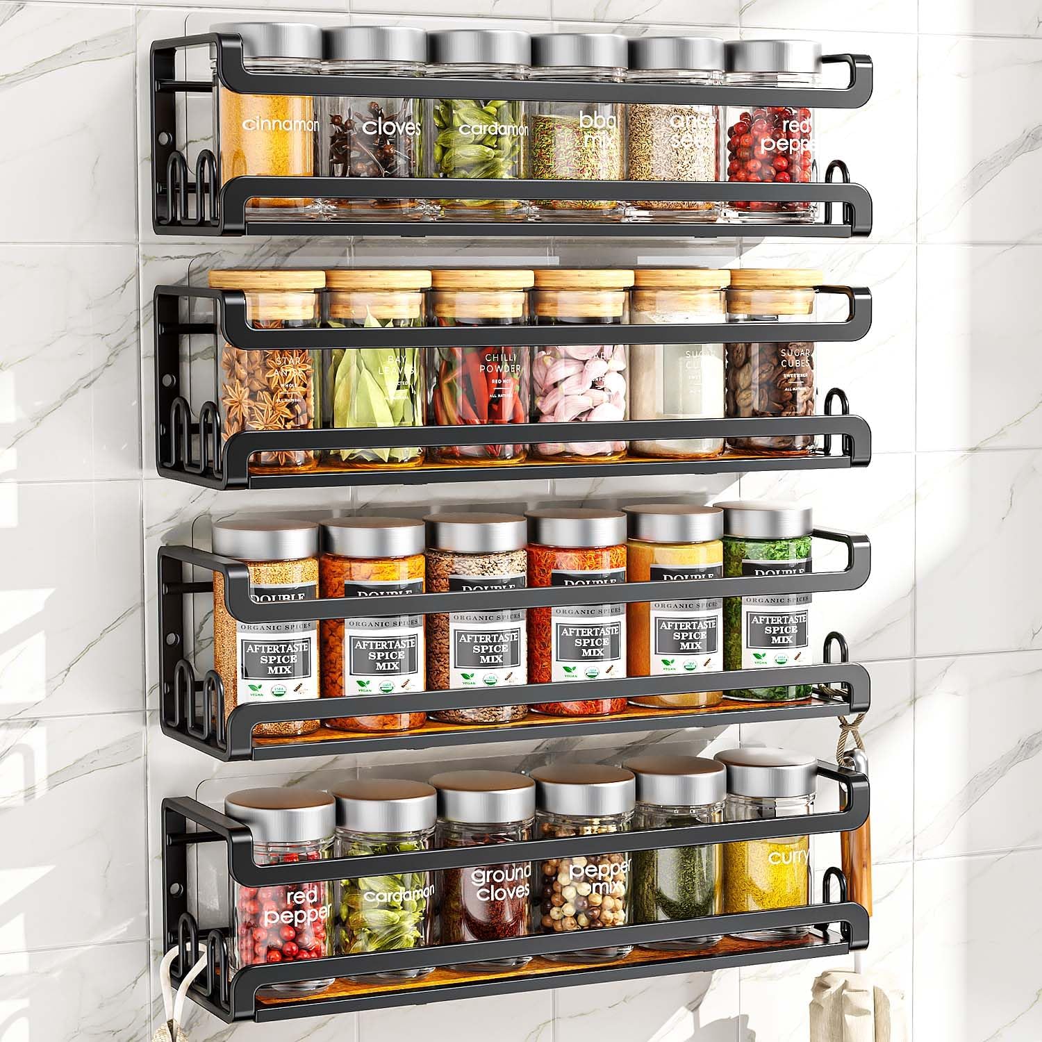 Doakhirmit Wall Mount Spice Rack, Black,4 Pack | 16 Hooks,Screw or Adhesive Installation , Hanging Organizer for Stove Cabinet Pantry Door Kitchen and RV Use