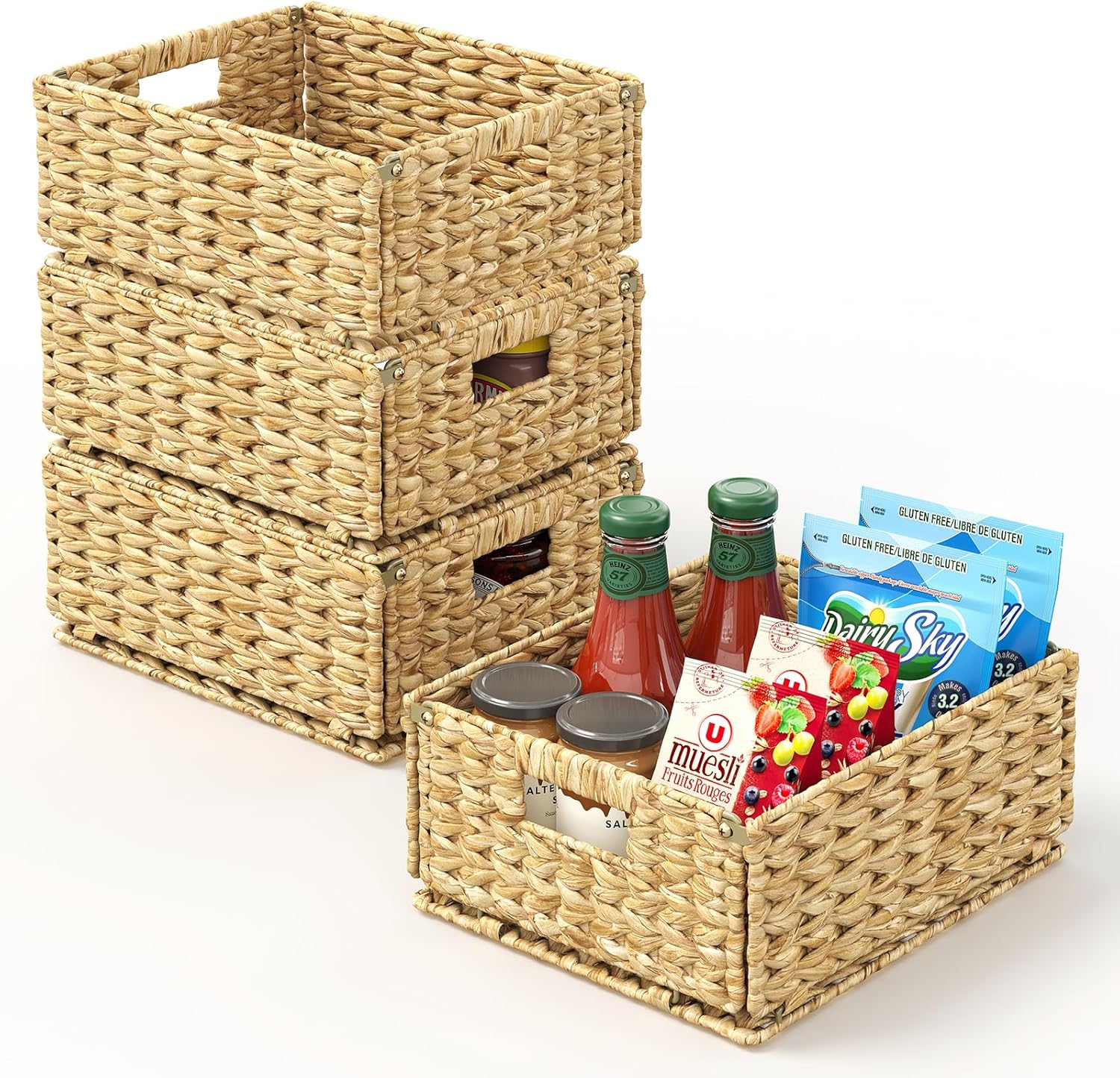 Pantry Wicker Storage Baskets for Shelves, 4 Pack Small Woven Baskets for Storage, Handmade Pantry Organizers and Storage, Boho Decor Water Hyacinth Pantry Organization – Natural