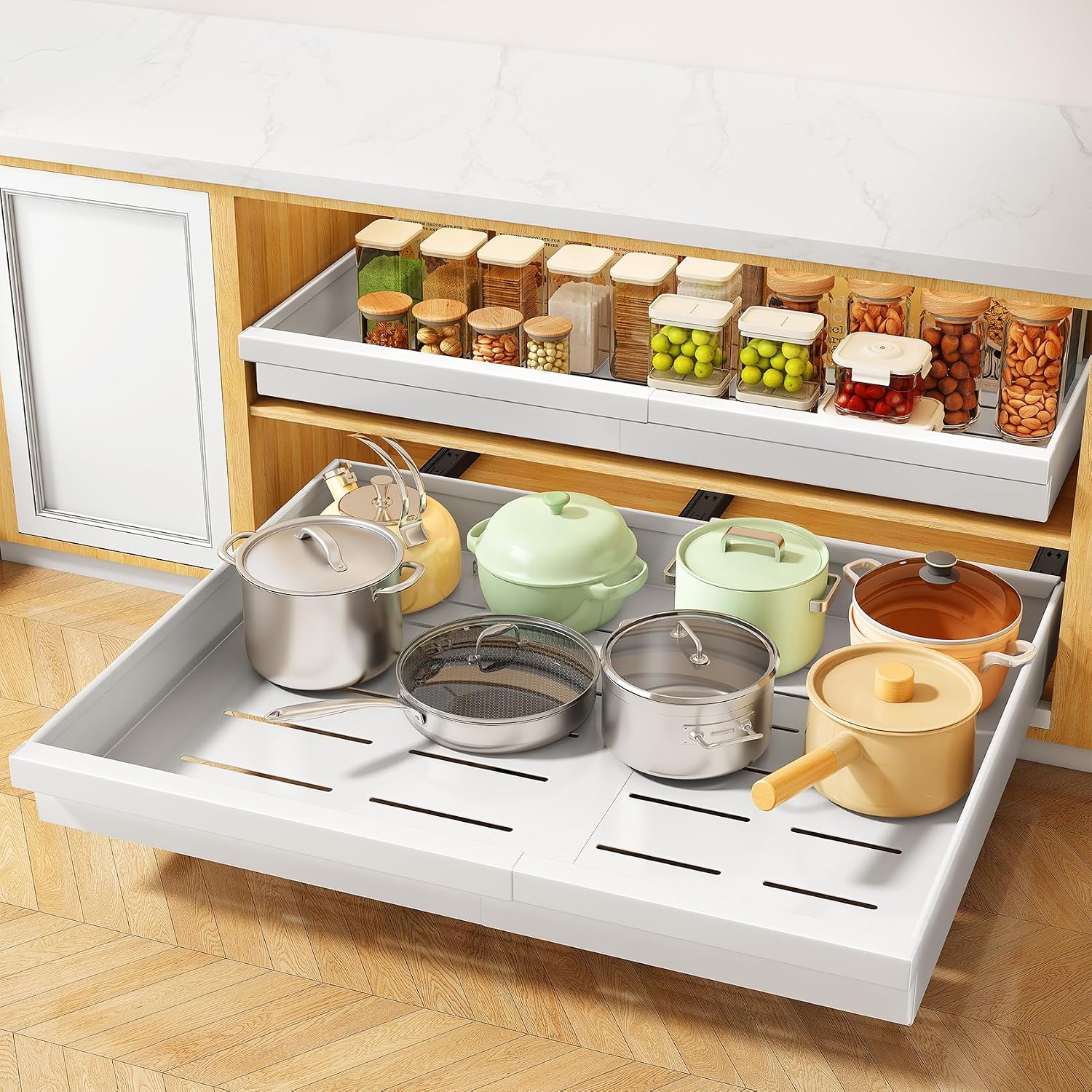 Pull out Cabinet Organizer, 1-Pack Expandable(13.6″-24″) Silde out Drawers with Raising Pad for Framed Cabinets, Adjustable Full-Extension Adhesive Roll out Shelves for Kitchen Pantry Home Pot and Pan