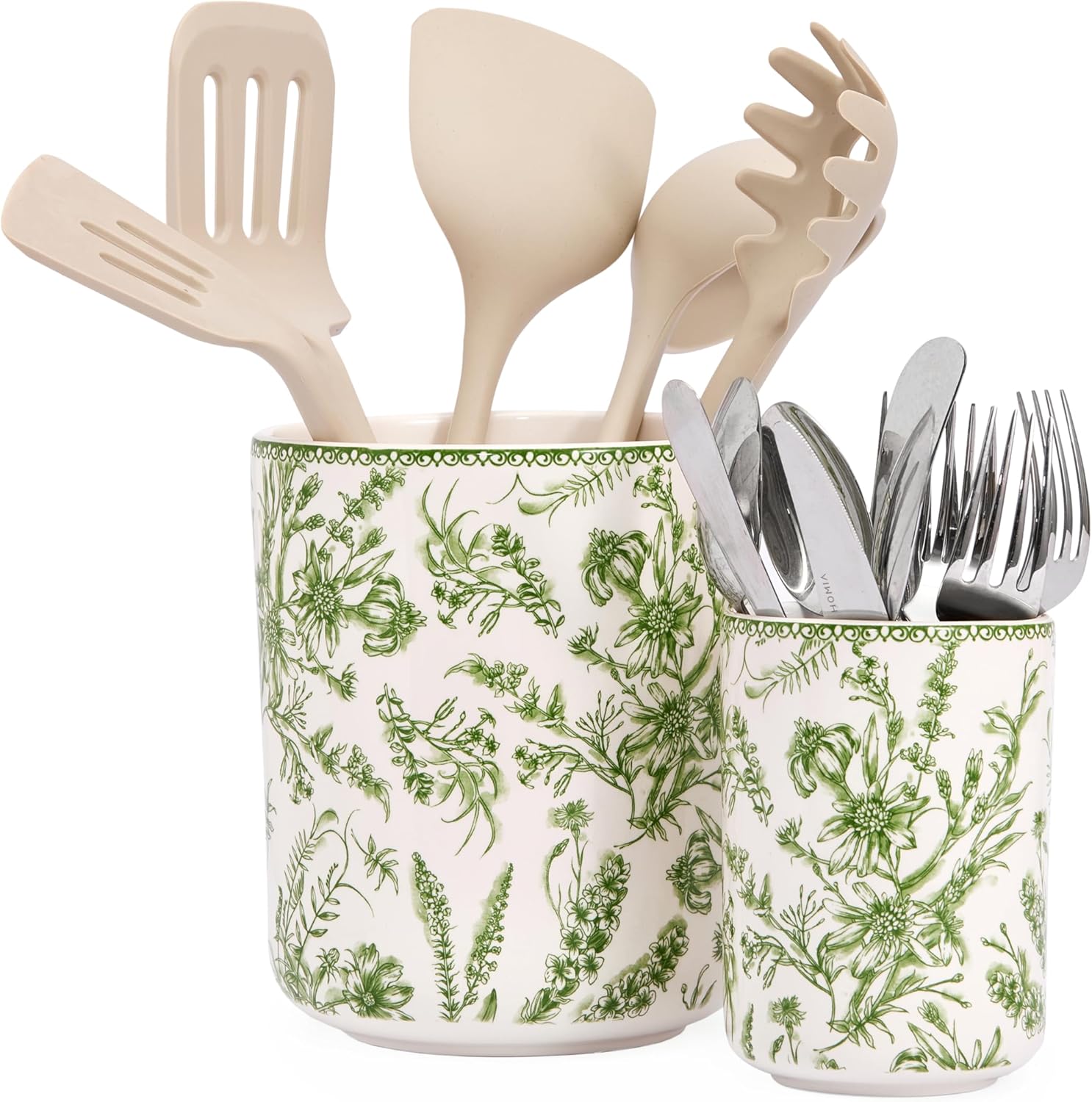 Bico Green Garden Toile De Jouy Ceramic Utensil Holder Set of 2 for Kitchen Counter, 7″+5″ Large Cooking Utensil Crock Organizer, Lead & Cadmium Free, Dishwasher Safe, Decorative Kitchen Décor