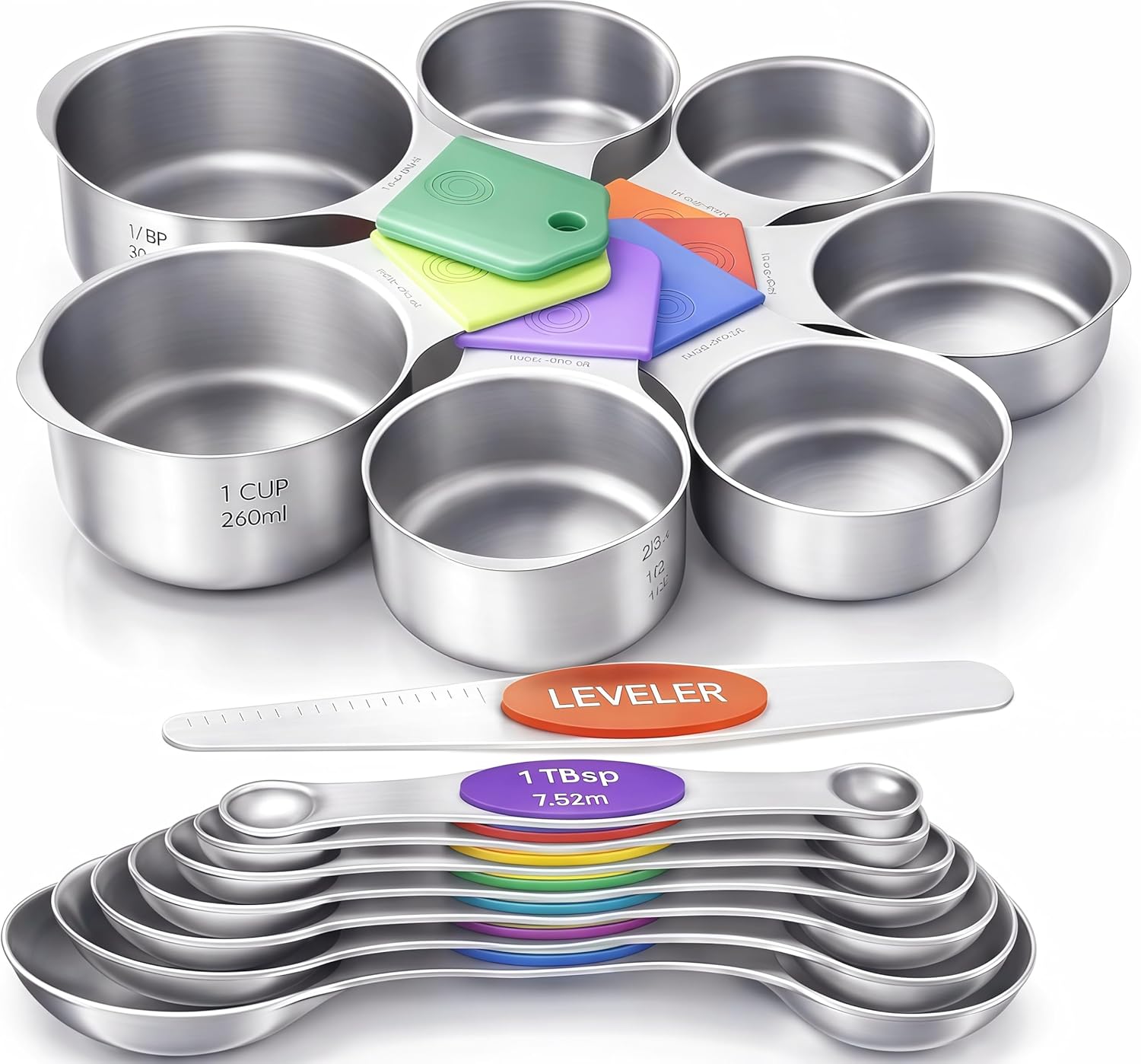 Magnetic Measuring Cups and Spoons Set304 Stainless Steel Dual Scale Set of 15, Strong N52 Magnetic Nesting Design with Leveler, for Dry&Liquid Ingredients, Dishwasher Safe(Colorful)