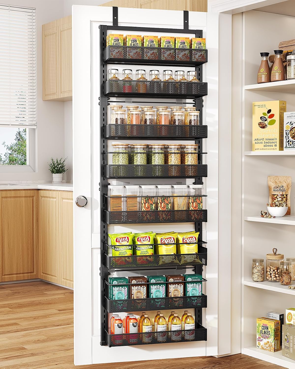 SNTD 8 Tiers Over the Door Organizer – Height Adjustable Pantry Organizers and Storage with Dense Mesh Baskets, Anti-Swing Hanging Door Spice Rack for Kitchen Bathroom (Black, 17″ W x 6″ D x 69″ H)
