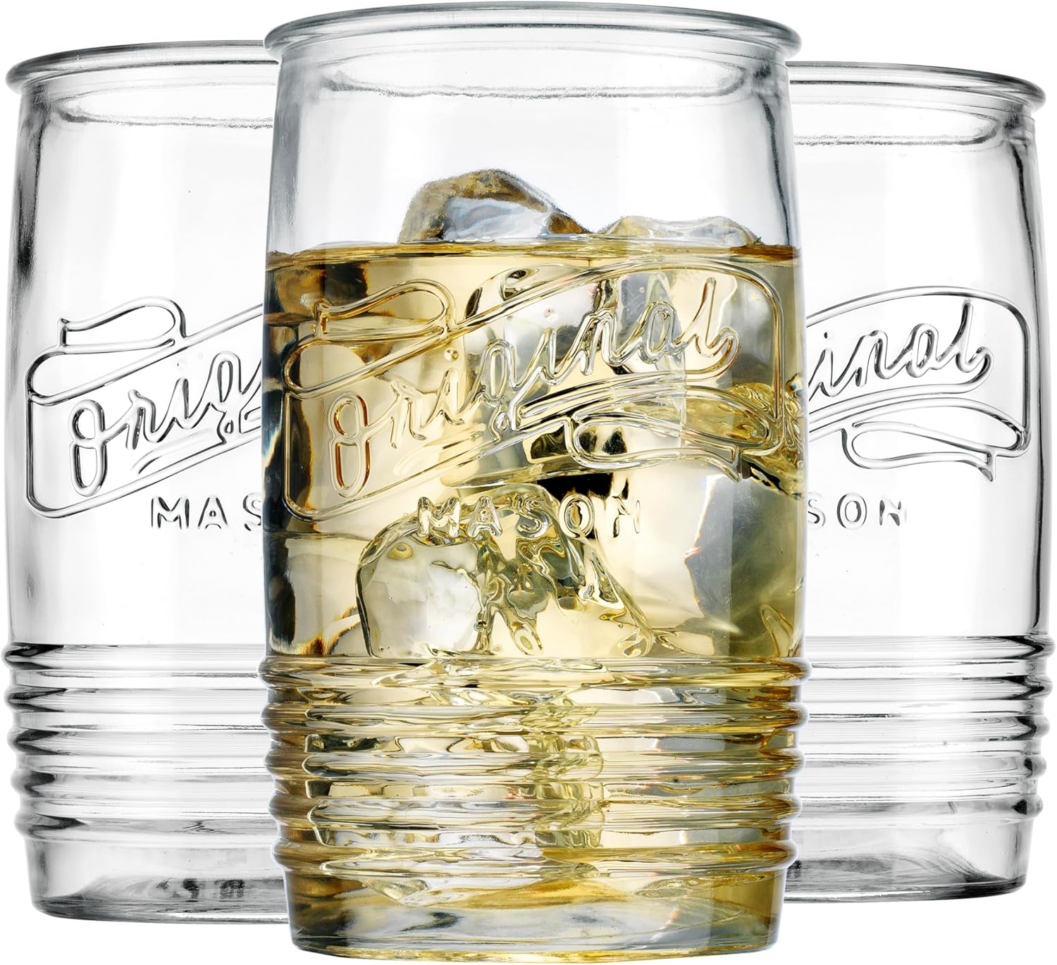 Glaver’s Set of 8 Tumbler Glass Cups 20 OZ Mason Stemless Tall Drinking Glasses For Everyday Use, Modern yet Vintage Original Mason Logo Glassware for Bar, Water, Beer, Juice.