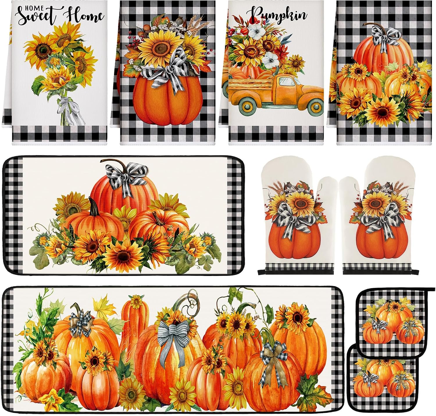 Fanfanwin 10 Pcs Fall Pumpkin Kitchen Decor Set Pumpkin Kitchen Rugs Towels Pot Holders Oven Mitts for Autumn Thanksgiving Decor for Baking Cooking BBQ Home
