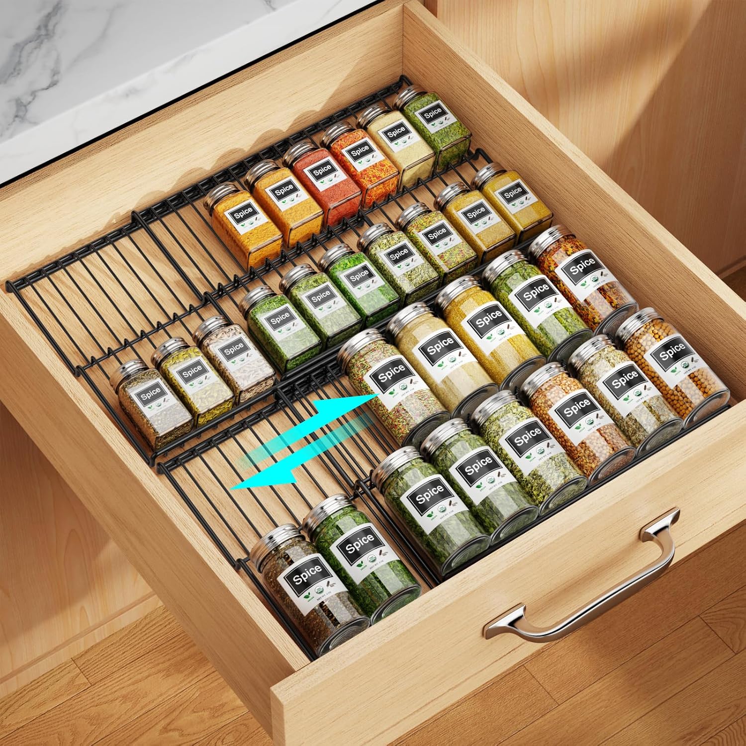 iSPECLE 4 Pack Spice Drawer Organizer – Low Profile Rack for Jars, Black | Step Tiered for Label Reading Access, No Slip No Rattle Oil-Resistant Carbon Steel, Spice Sorting and Daily Cooking Use