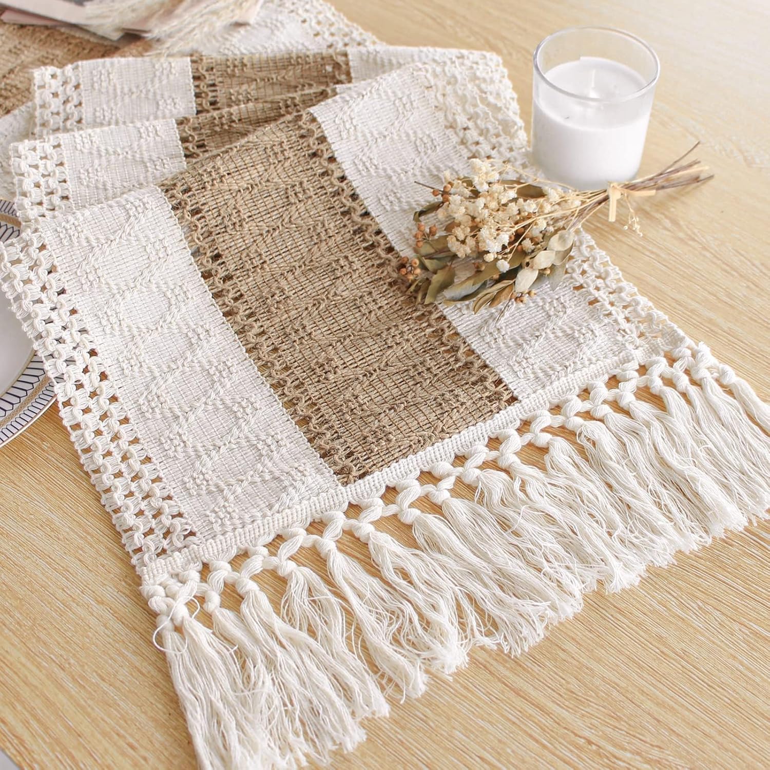 FEXIA Boho Table Runner for Home Decor with Tassels 72 Inches Farmhouse Long Pottery Barn Furniture Rustic Macrame Burlap Table Decoration for Living Room Bridal Shower (12×72 Inches)