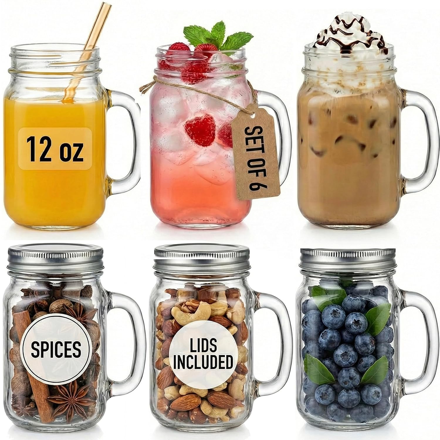 Kate Aspen 12 oz Mason Jar Mugs With Handles and Solid Lids Set of 6 – Mason Jar Drinking Glasses With Handle, Glass Mason Jars With Lids, Rustic Wedding Decor, Baby Shower Favors