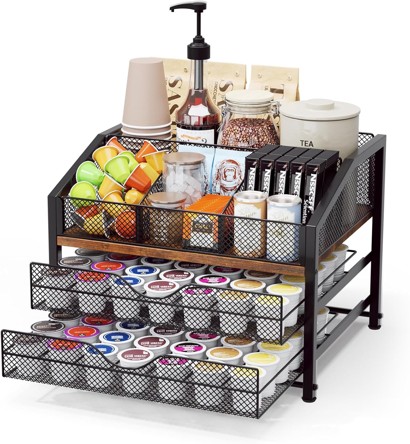Homsorout Coffee Bar Organizer – Coffee Station for Countertop, Metal and Wood K Cup holder Storage Basket for Coffee Pods, Syrup, Cups, Stirrer, Coffee Condiment, Tea Organizer, Black and Brown