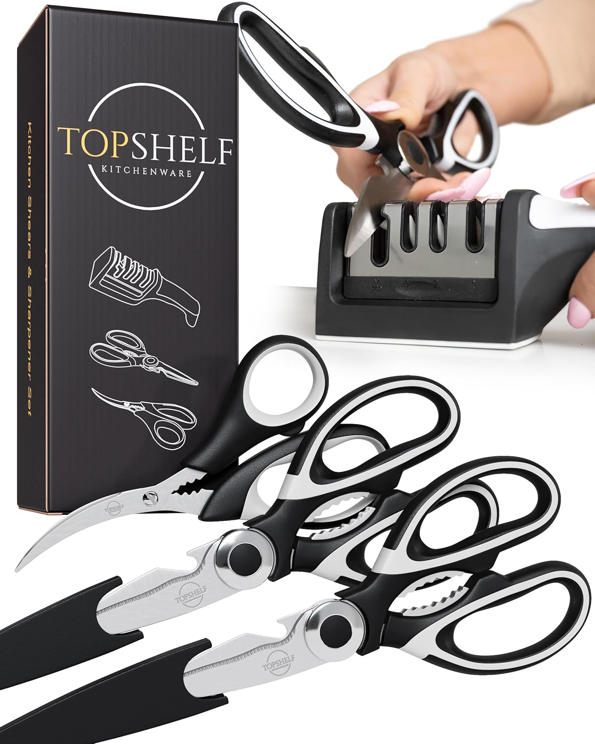 Heavy Duty Kitchen Shears With Sharpener – Lifetime Replacement Warranty* – Multipurpose Stainless Steel Scissors for Food – Sharp Food-Grade Kitchen Scissor for Meat, Seafood, Poultry – 4 Piece Set
