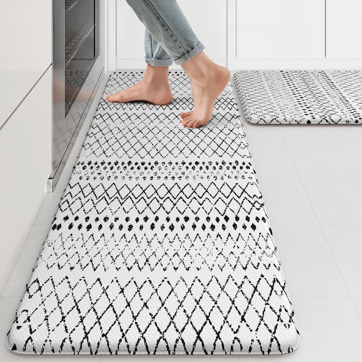 KIMODE Kitchen Mats 2PCS,Cushioned Anti Fatigue Kitchen Rugs and Mats,Non Skid Waterproof Kitchen Mats for Floor,Comfort Foam Standing Mat for Home Decor, Office,Sink,Laundry Room,Desk,Black and White