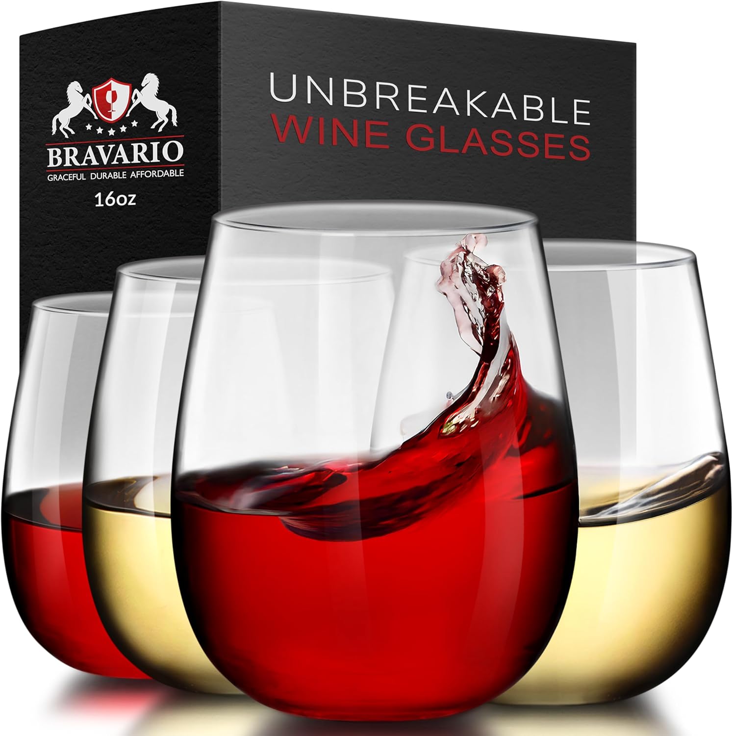 Bravario Unbreakable Stemless Plastic Wine Glasses | Reusable | Shatterproof 100% Tritan Plastic | Dishwasher-Safe | BPA-free | Awesome for Indoor & Outdoor | 16 oz, Set of 4