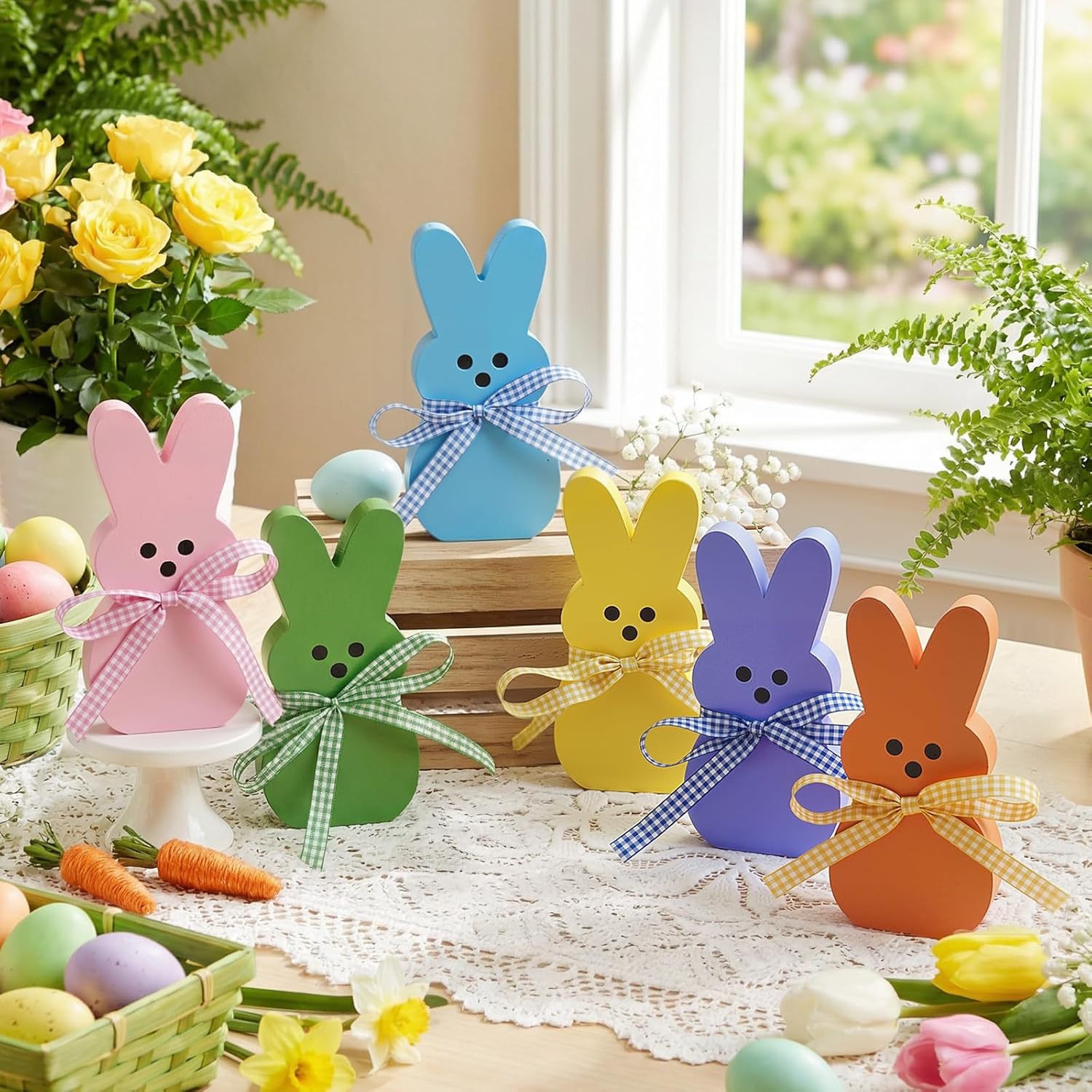 OLANRUN Easter Decorations for Home, 6 Pcs Wooden Bunny Table Decorations Signs with DIY Ribbons, Indoor Spring Easter Decor for Office Bedroom Kitchen Tiered Tray Mantel Shelf, 4.28 Inch