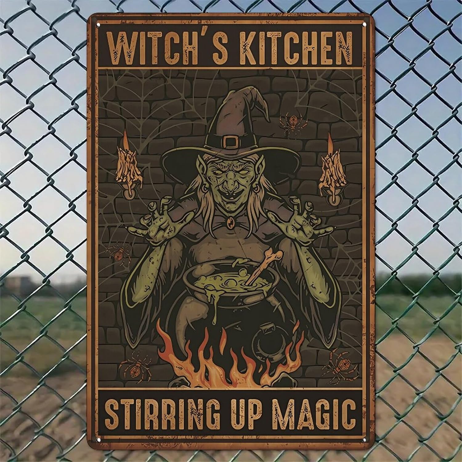 Witch Stirring Potion over Fire in Spooky Kitchen Halloween Decorations Rustic Aluminum Wall Art & Metal Tin Sign – 8x12in Vintage Indoor Outdoor Decor for Home, Office, Cafe, Yard & Farm