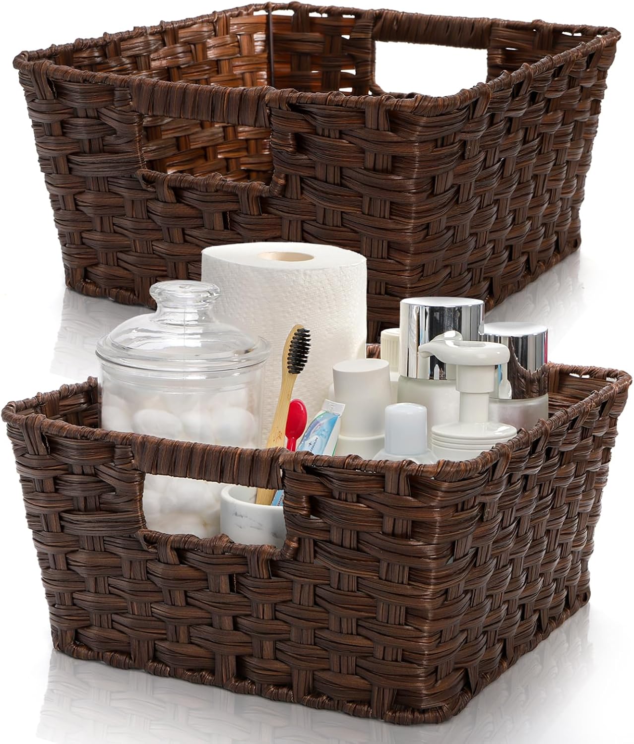 2 Pack Woven Storage Baskets, Large Poly Wicker Organizer Bins for Shelves, Plastic Waterproof Organizing Cube Container, Storage Boxes with Handle for Closet Pantry,12″ x 12″ x 6″