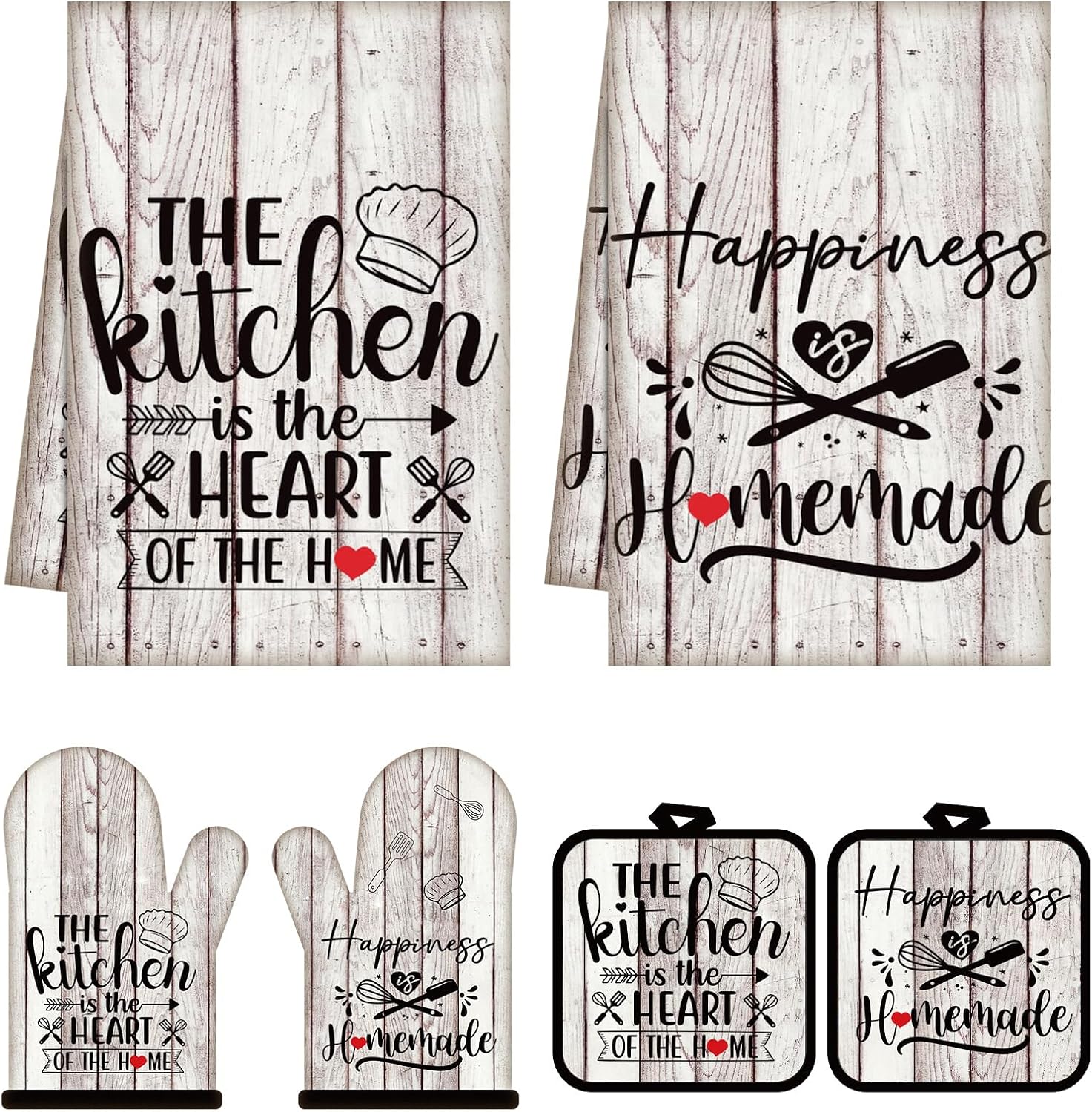 Sratte 6 Pcs Kitchen Decor Accessories Set Farmhouse Towels Pot Holders Oven Mitts Set 2 Dish Towels 2 Potholders 2 Cooking Mittens Oven Glove for Christmas Baking Cooking(White Wood Grain)