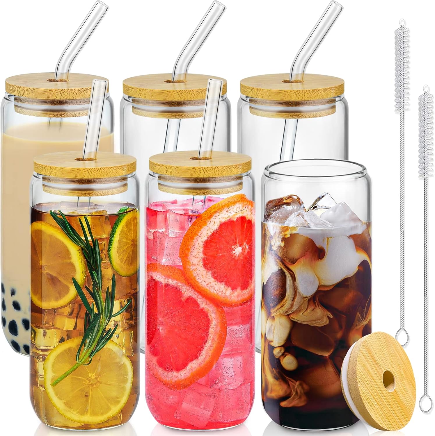 SENTVEND 20 Oz Drinking Glasses with Bamboo Lids and Glass Straw – 6 Pcs Glass Cups Beer Ice Coffee Glasses Cute Aesthetic Cup Great for Coffee Bar Accessories Include 2 Cleaning Brushes