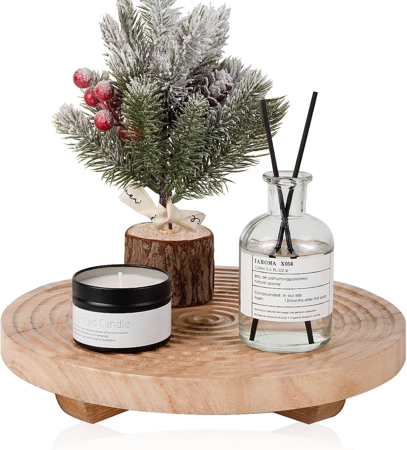Round Decorative Tray Farmhouse Bathroom Decor Wood Riser Kitchen Countertop Organizer for Perfume, Candle, Plant, 9 inch Burlywood