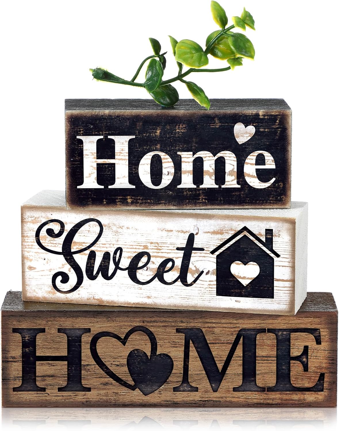 Moucuny 4 Pcs Farmhouse Wooden Tabletop Decor Farmhouse Tiered Tray Decor Rustic Eucalyptus Leaves Wood Block Sign Gift Sweet Home Centerpiece Home Table Decortion