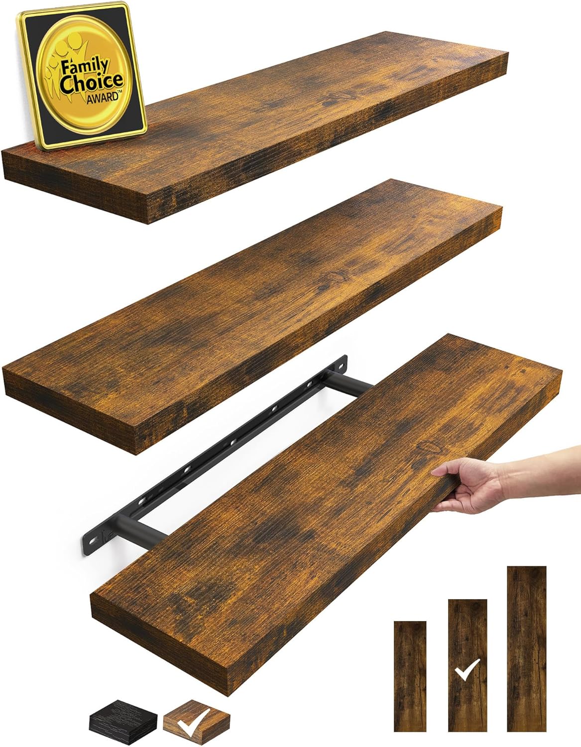 BAYKA Floating Shelves for Wall, Set of 3, 22.5 Inch Rustic Wood Wall Mounted Shelving for Bathroom, Bedroom, Living Room or Kitchen, Hanging Display Decor Book Shelf with 22 lbs, Rustic Brown