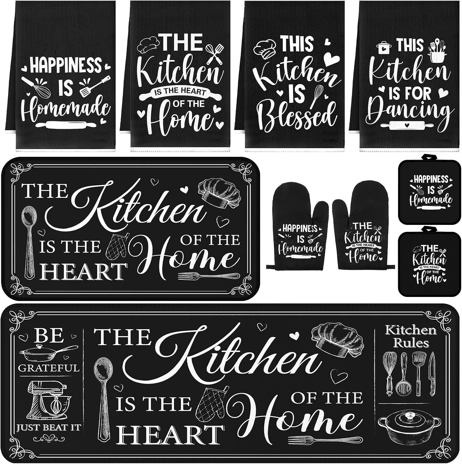 Fourluoo 10 Pcs Farmhouse Kitchen Decor and Accessories Set Black Rugs Towels Pot Holders Oven Mitts for Cooking Baking Mom Housewarming Gifts The Kitchen is The Heart of The Home