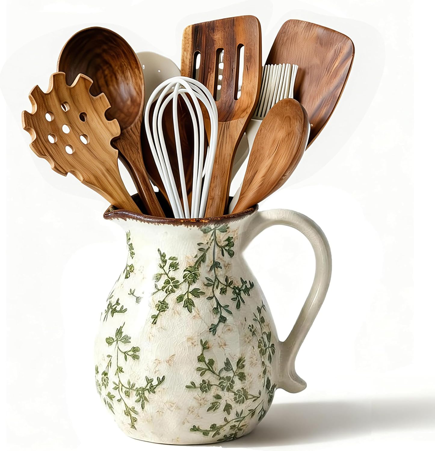 Ceramic Utensil Holder for Kitchen Counter, 6.1 Inch Vintage Farmhouse Rustic Cooking Utensil Holder, Modern Home Decor Countertop Organizer Crock for Flower Pot, Spoons & Kitchen Tools