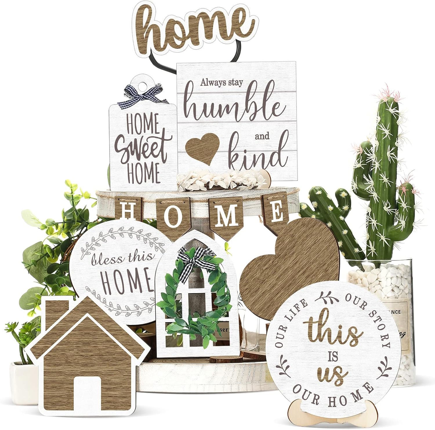 Maitys 10 Pcs Farmhouse Tiered Tray Decor Set Farmhouse Rustic Decor This Is Us Home Sweet Home Wooden Sign Rustic Ornaments for Kitchen Table Shelf Housewarming Gift