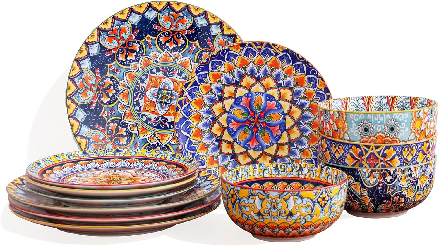 12-Piece Bohemian Porcelain Dinnerware & Dish Sets for 4 – Microwave & Dishwasher Safe, Scratch & Chip Resistant, Colorful Ceramic Plates & Bowls for Kitchen, Wall Decor & Housewarming Gift