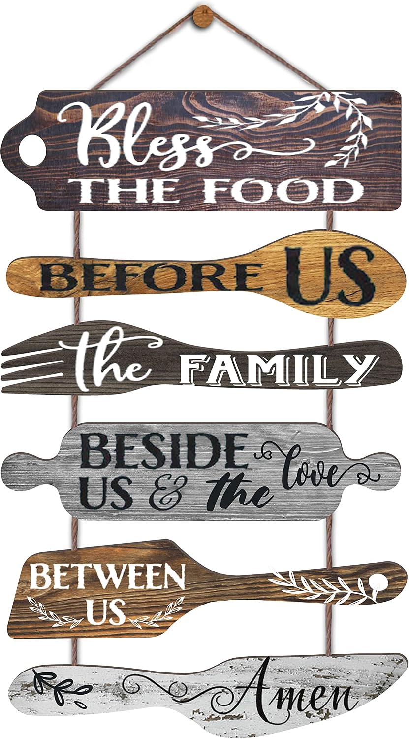 EXQUIDECA Bless the Food Before Us Farmhouse Kitchen Wall Decor – Dining Room Decorations Collage Wall Art in Neutral Grey Color – Wooden Rustic 6pcs Roped Sign 25×14 Inches Vertical