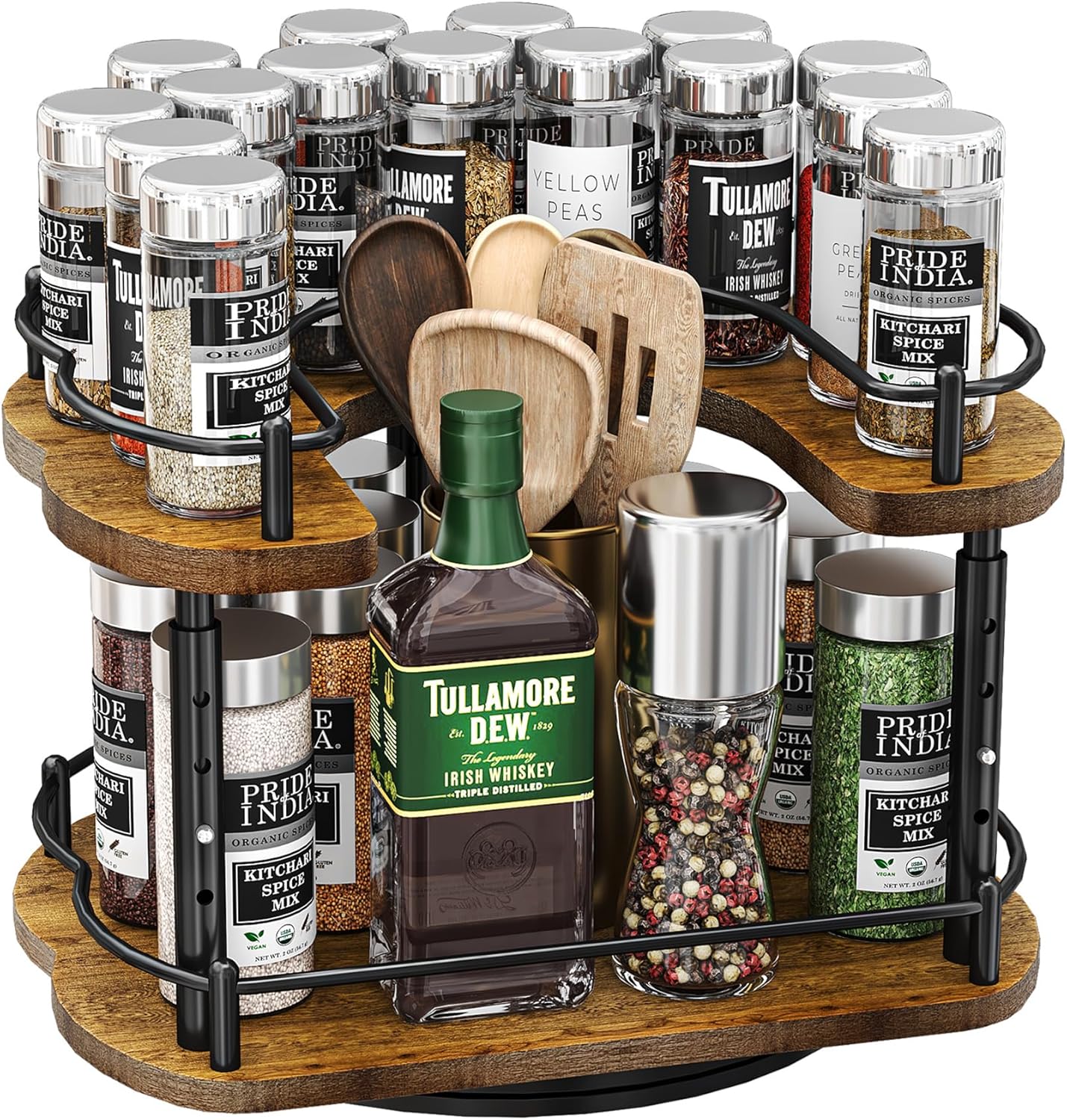 Lazy Susan Organizer Spice Rack – Spice Organization for Cabinet Height Adjustable Rotating Lazy Turntable, Pantry Kitchen Wood Revolving Seasoning Organizer (Vintage, 12 Inch)