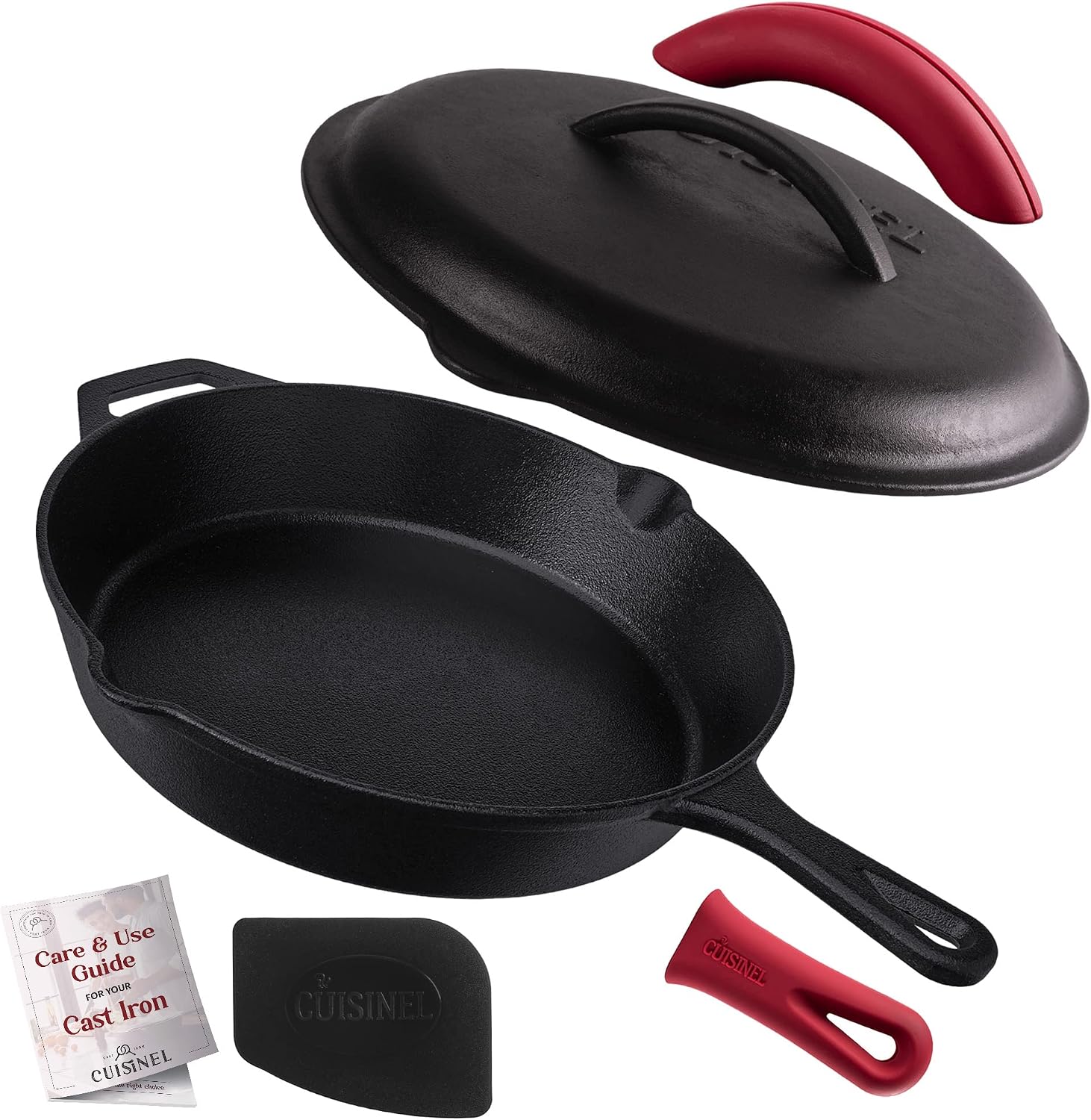 Cuisinel Cast Iron Skillet with Lid – 12″-inch Pre-Seasoned Covered Frying Pan Set + Silicone Handle & Lid Holders + Scraper/Cleaner – Indoor/Outdoor, Oven, Stovetop, Camping Fire, Grill Safe Cookware