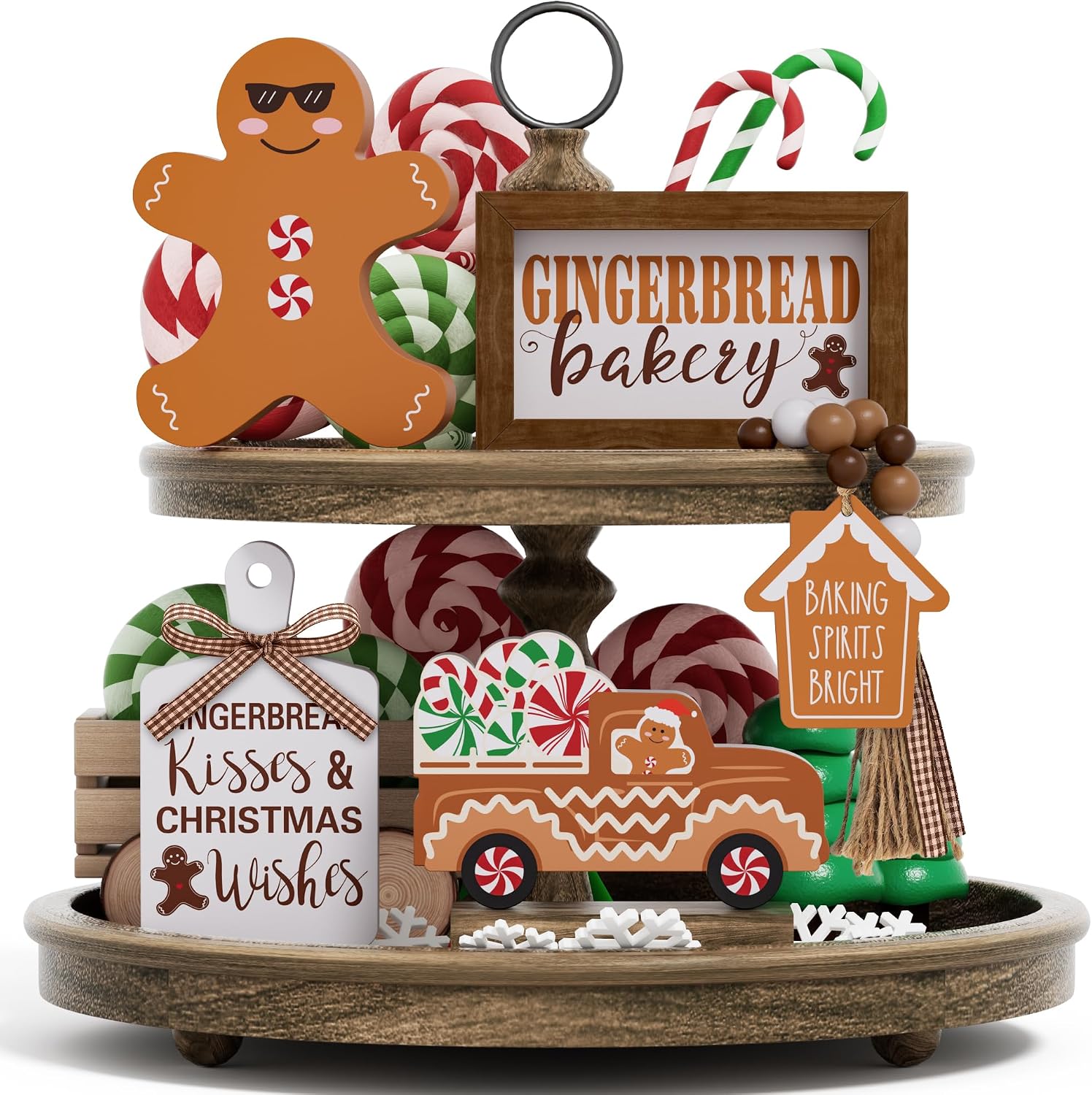 Christmas Tiered Tray Decor Set – 5 Pcs Gingerbread Wooden Signs Xmas Decor Bead Garland Gingerbread Christmas Decorations for Home Kitchen