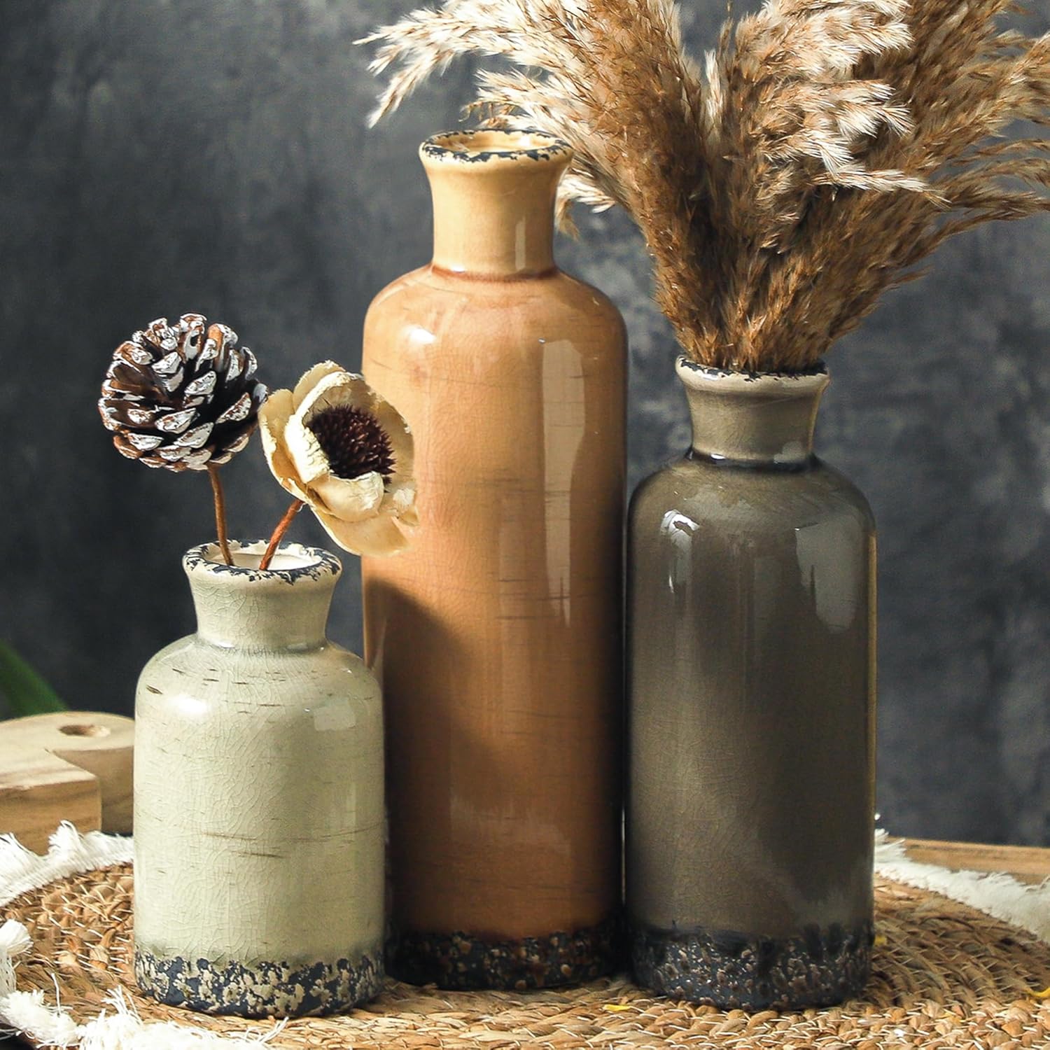 Ceramic Vase Set of 3, Neutral Flower Vases Home Decor, Pottery Rustic Farmhouse Decorative Vases Modern Decor for Table Mantel Entryway Bookshelf Living Room Kitchen Bedroom – Brown