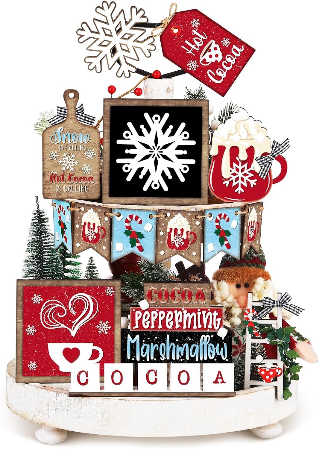 Fairysandy 14 Pcs Christmas Tiered Tray Decor Set Christmas Wooden Sign Decor Rustic Farmhouse Snowflake Cocoa Coffee Spice Blocks Winter Table Tabletop Sign for Home Xmas Shelf Coffee Bar