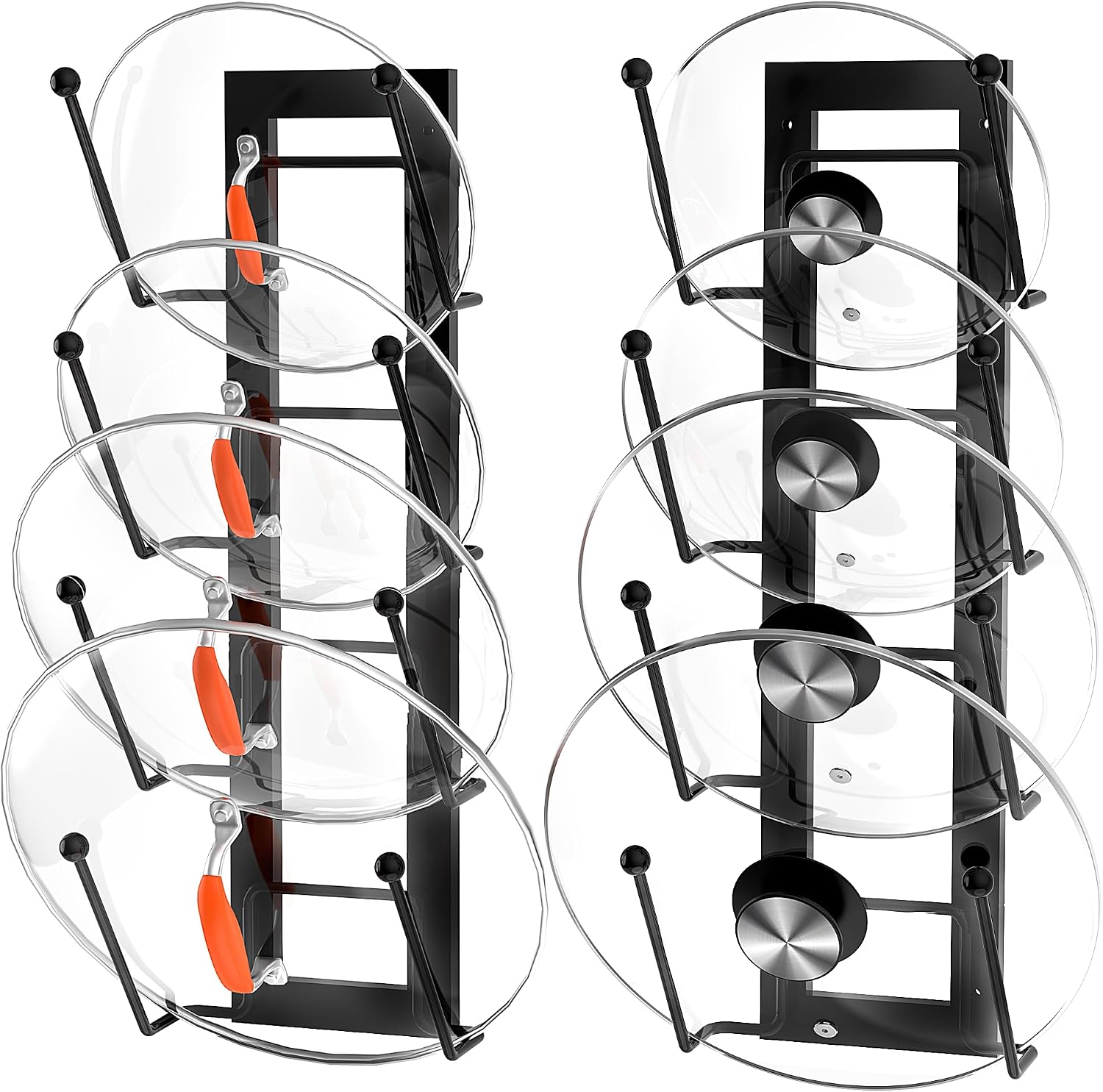 Cisily 8 Layers of Adjustable Pot Lid Organizer Rack for Cabinet Door/Wall，2Pack Lid Organizer Pots and Pans Holder for Kitchen Storage with No Drilling Adhesive 5.7 W“(Black)